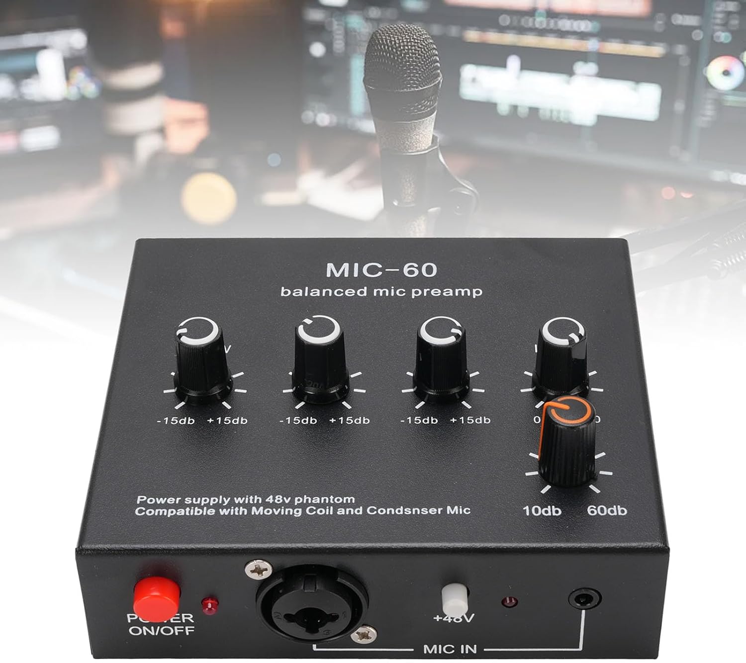 Microphone Preamp Mic Gain Booster 48V Power Supply Mic Pre Amp for Dynamic Condenser XLR 3.5mm 6.35mm Inputs Outputs (With XLR Cable)