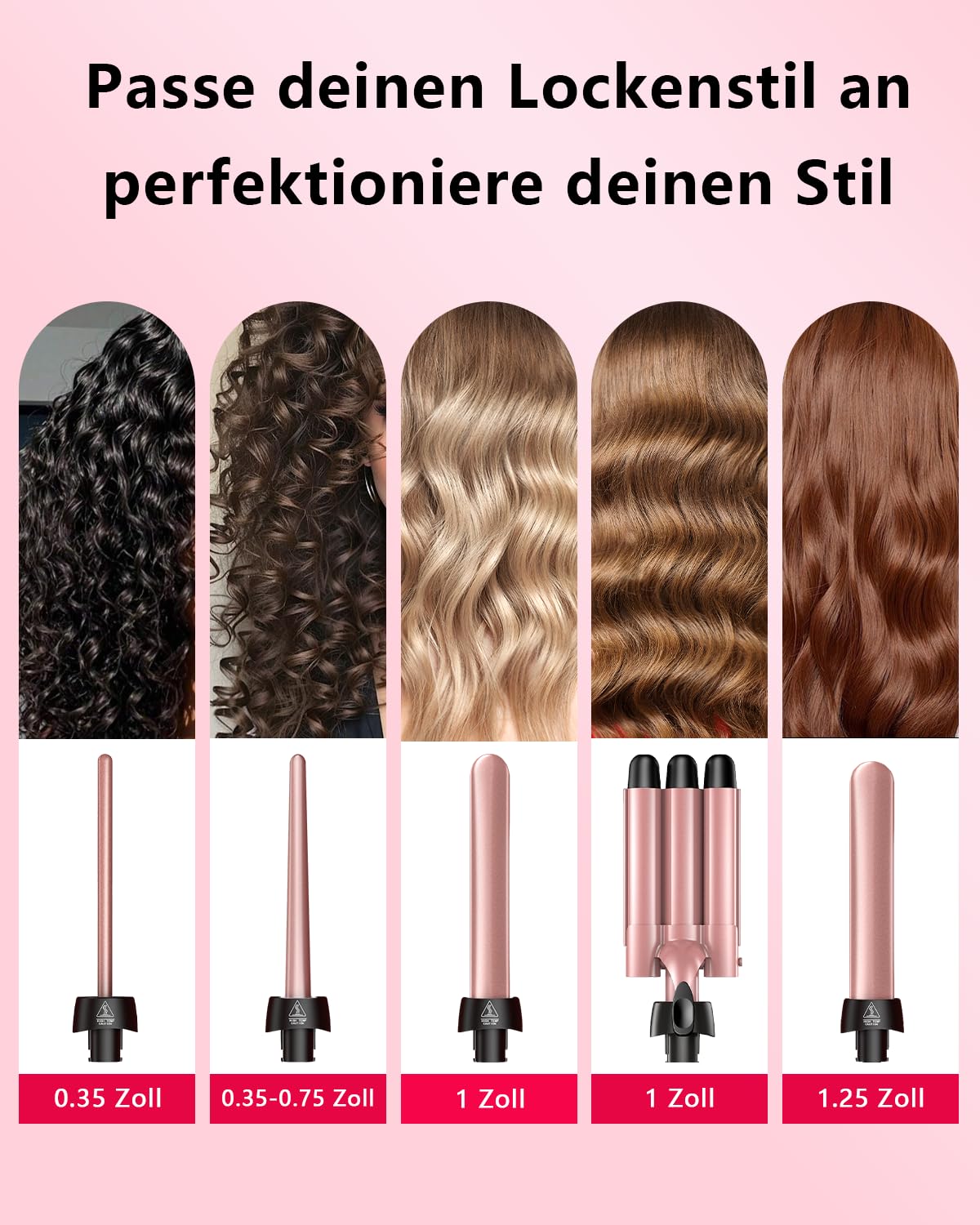 5 in 1 Lockenstab Set mit 3-Barrel Crimper, Austauschbare Keramikaufsätze Schnelles Aufheizen Dual-Spannung für alle Haartypen Locken & Blowout, Haarstyling Geschenk für Frauen