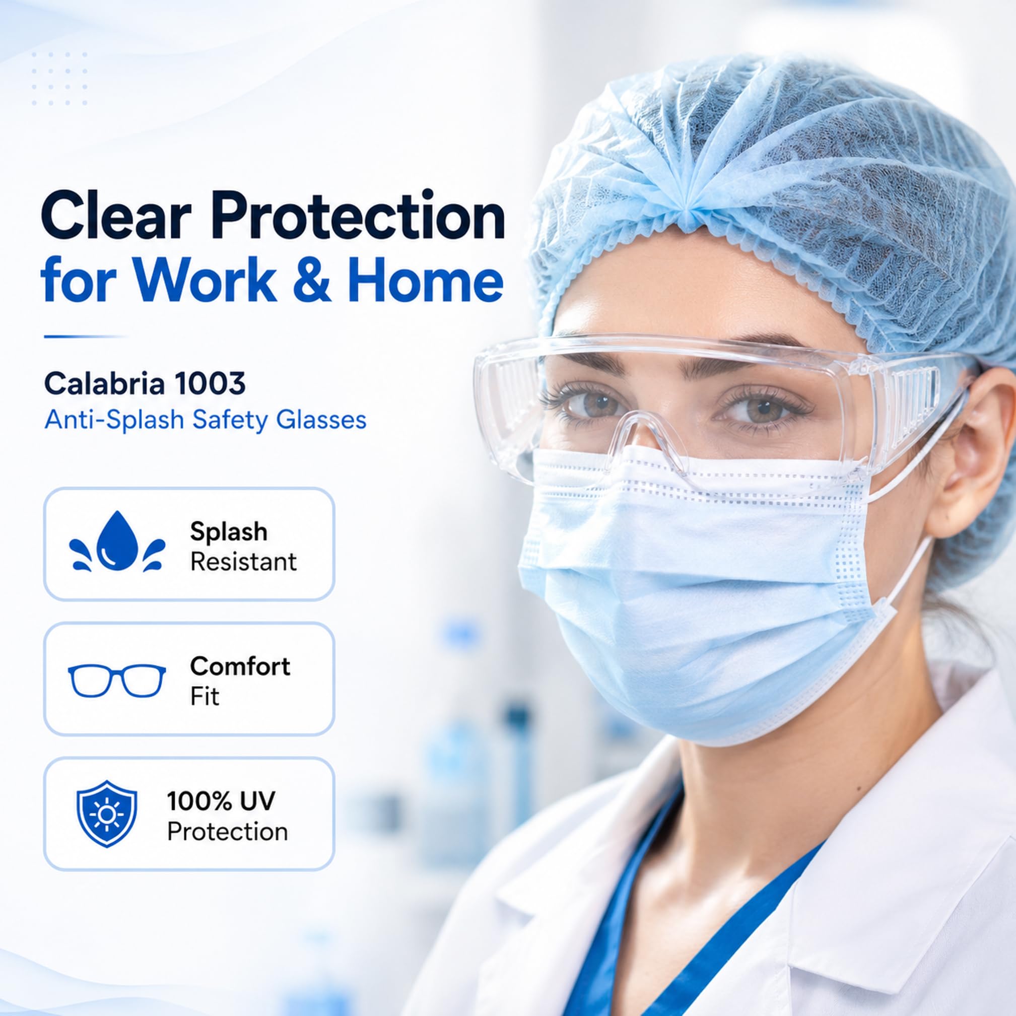Calabria 1003 Fit Over Gafas de seguridad Fitover Prescription Eyewear Clear Tint Hombres Mujeres Wraparound Anti Niebla Resistente a los impactos