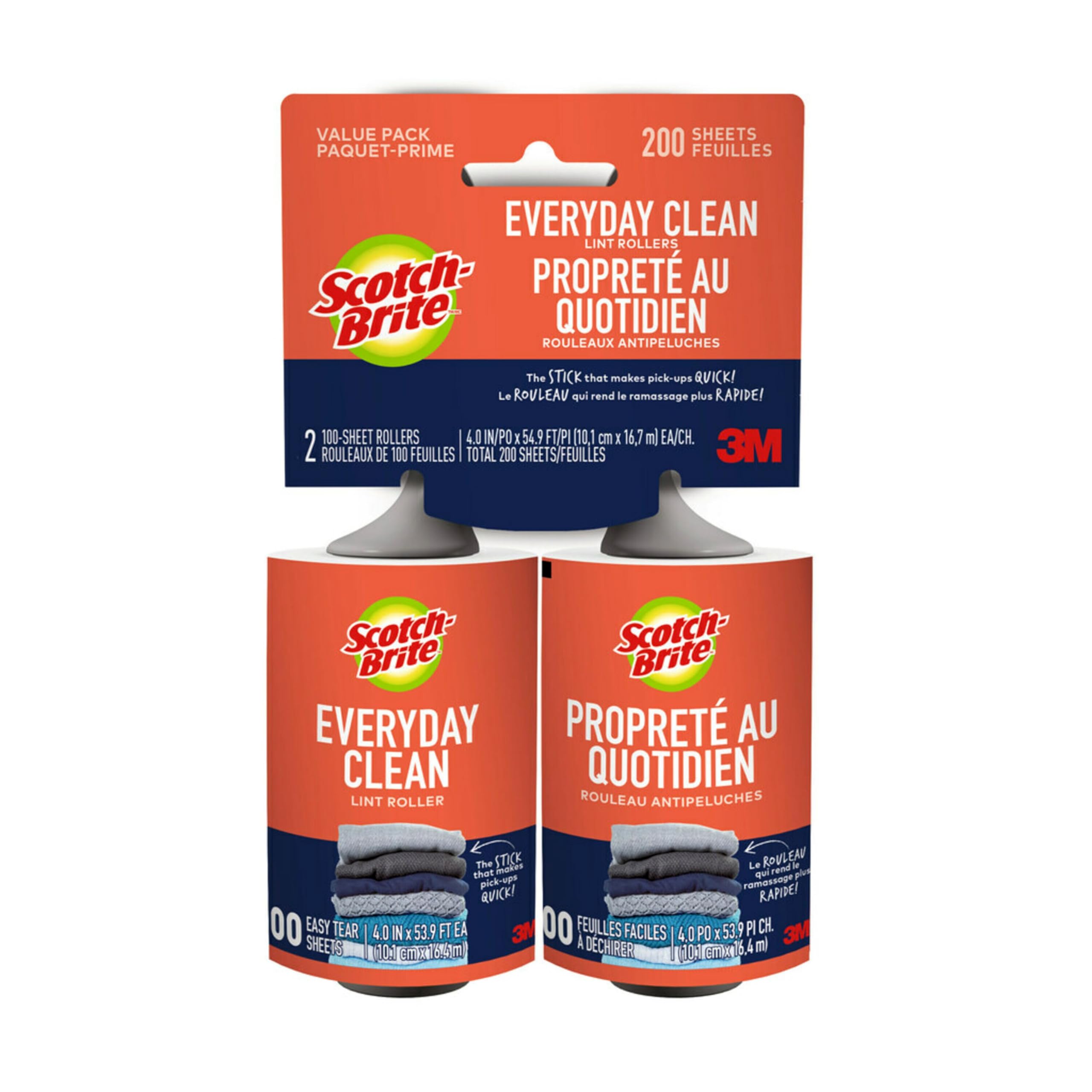 Scotch-Brite Everyday Clean Lint Rollers, 2 Rollers, 100 Sheets Per Roller, 200 Sheets Total, Reusable Lint Roller, Works Great on Pet Hair