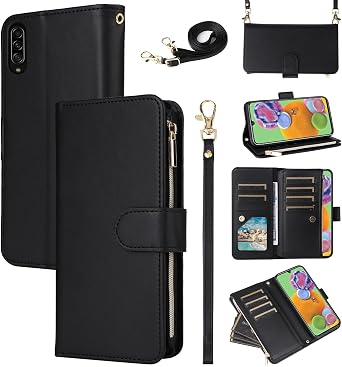 Wallet Case for Samsung Galaxy A70 with Detachable Wrist Strap Crossbody Shoulder Strap Leather Zipper Card Holder Slots Protector Stand Accessories Phone Cover A70S A 70 70A S70 Girls Black