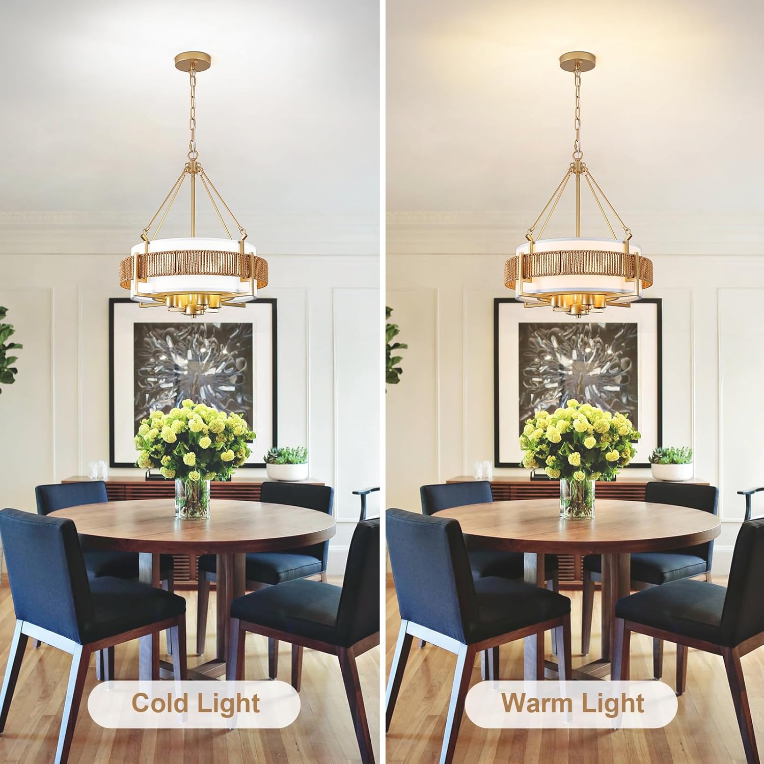 18.7'' Farmhouse Rattan Chandelier,4-Light Farmhouse Boho Drum Chandeliers with Fabric Shade,Modern Brushed Gold Chandelier for Dining Room Living Room Kitchen Island Hallway Foyer