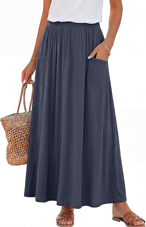 ANRABESS Womens Maxi Skirt Summer Casual Flowy A-line Elastic Waist Beach Long Skirts with Pockets Spring Vacation Clothes