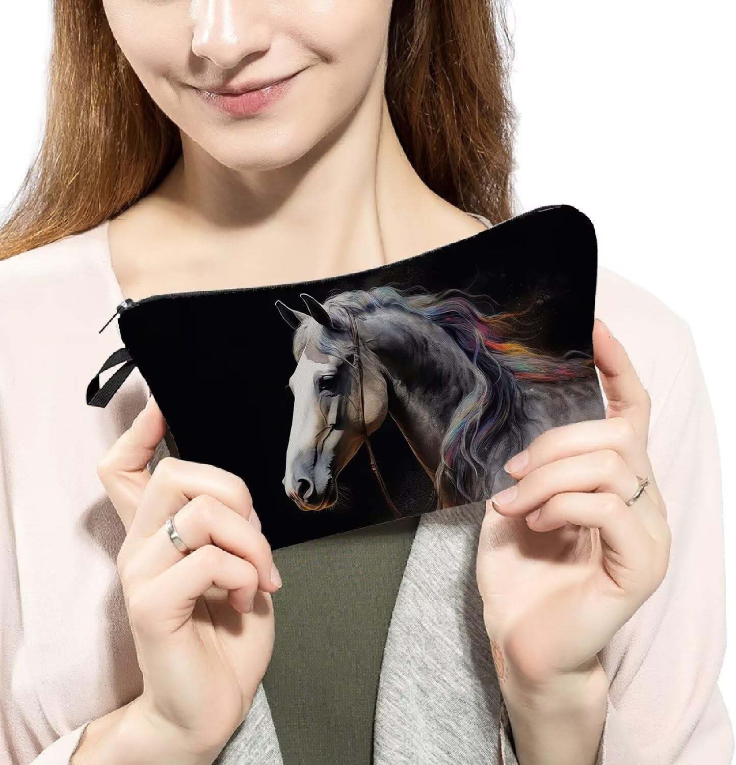 Horse Makeup Bag Small Organizer Bag Toiletry Zipper Pouch Black Background Horse with Colorful Hair Cosmetic Bag Birthday Present for Horse Lovers Women Friends - Image 3