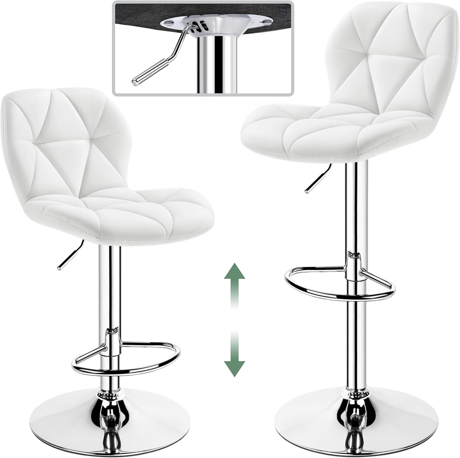 Yaheetech Barstools Set of 2, PU Leather Counter Stools Bar Chairs with Backrest, Height Adjustable Swivel Tall Chairs for Home Bar Kitchen Island, White