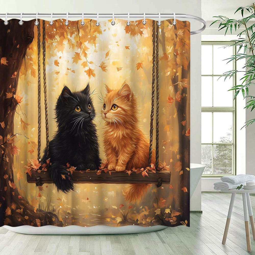Fall Cat Shower Curtain Cute Kitten Yellow Orange Maple Leaves Falling Leaf Autumn Funny Animal Rustic Farmhouse Thanksgiving Harvest Forest Bathroom Decor Curtains 90x70 inch with Hook