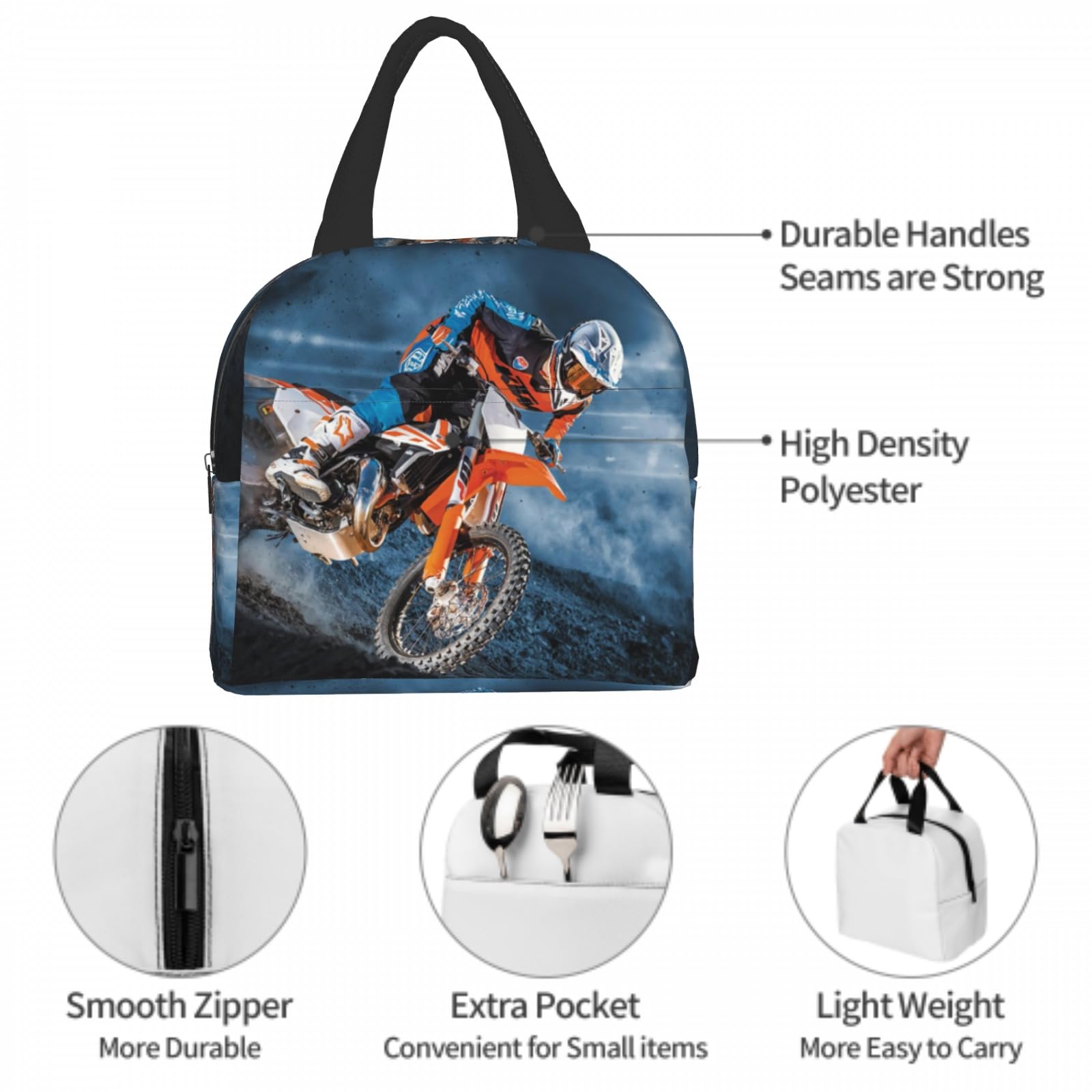 Lonchera de motocicleta para niños, para motocross, con aislamiento térmico, reutilizable, con bolsillo frontal, para niños, hombres, mujeres, niñas, picnic, viajes 3