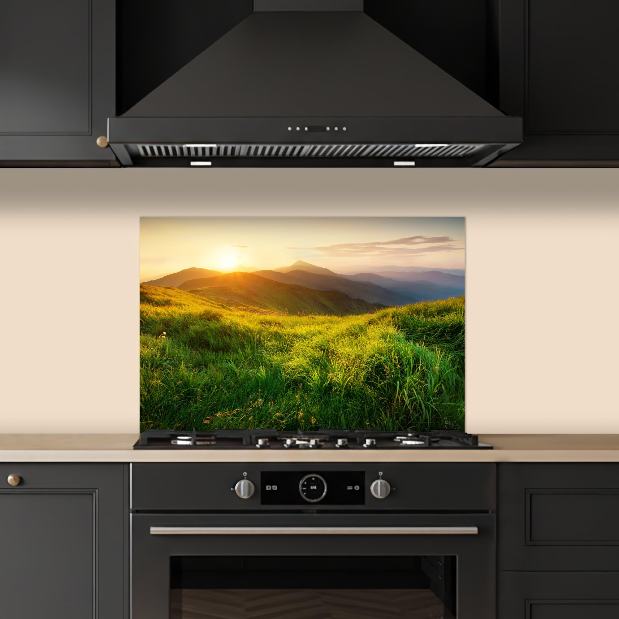 KitchenYeah© Credence Adhesive Pour Cuisine 40x60 cm Panneau Mural Adhesif Fond De Hotte Plaque Pvc Murale Peel And Stick Protege Mur Herbe - Collines - Soleil - Nature - Paysage