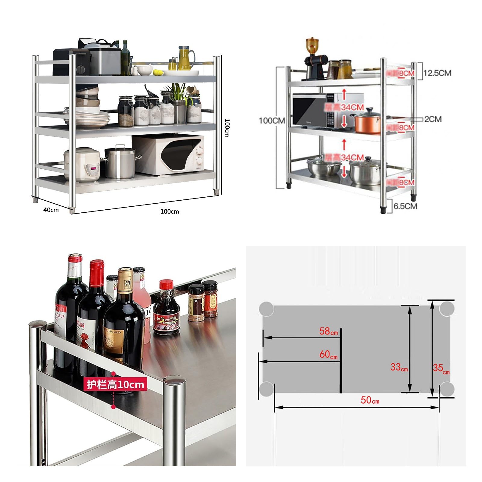 3-stufiges Metallregal, Lagerregal, Küchenbodenregale aus Edelstahl, Lagerregal, Mikrowellenherdregal, Lagerregal, Topflappen (Color : Stainless, Size : 100x40x100cm)