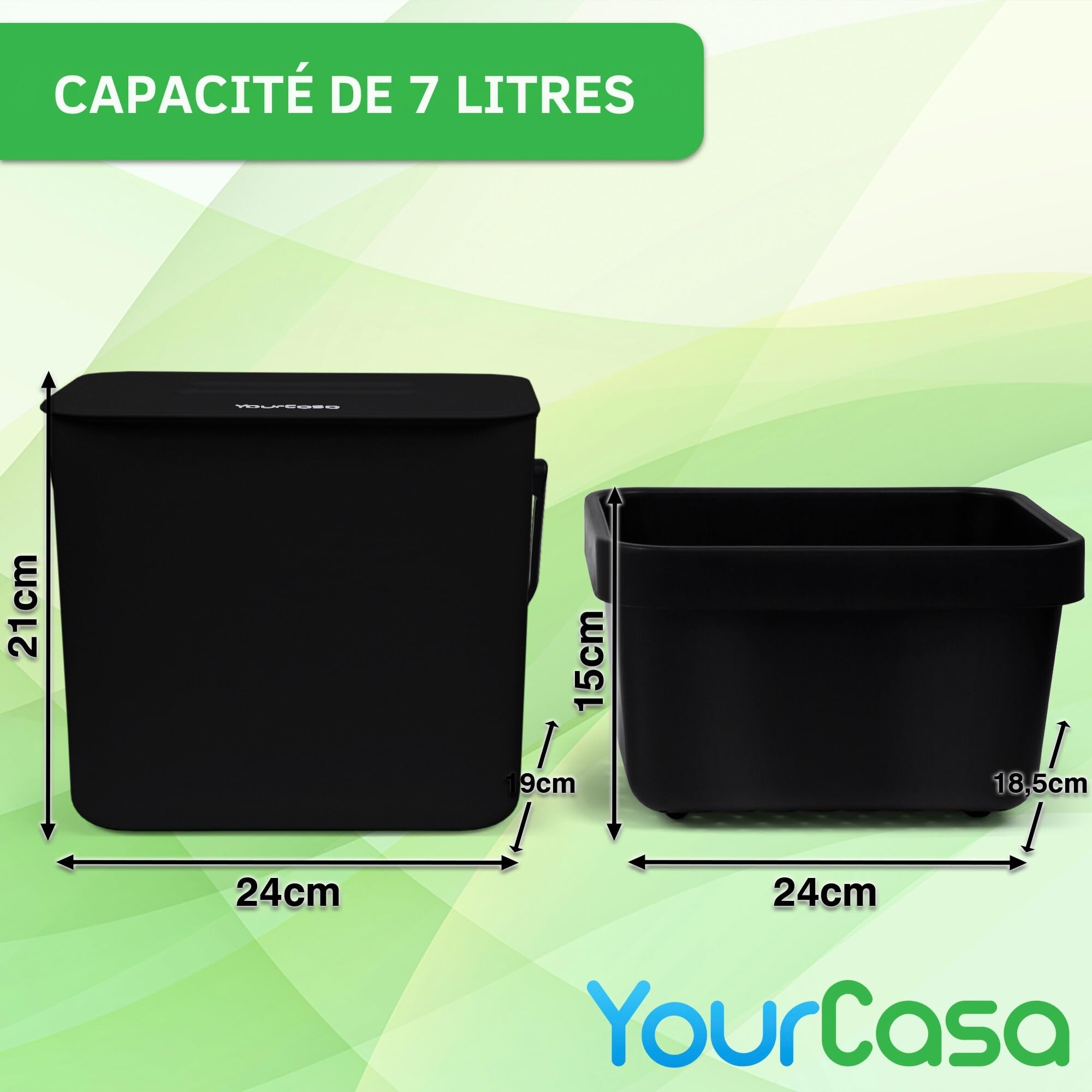 YourCasa® Poubelle de cuisine 7L à suspendre - Passoire à compost - Passe au lave-vaisselle - Anti-odeurs (noir)