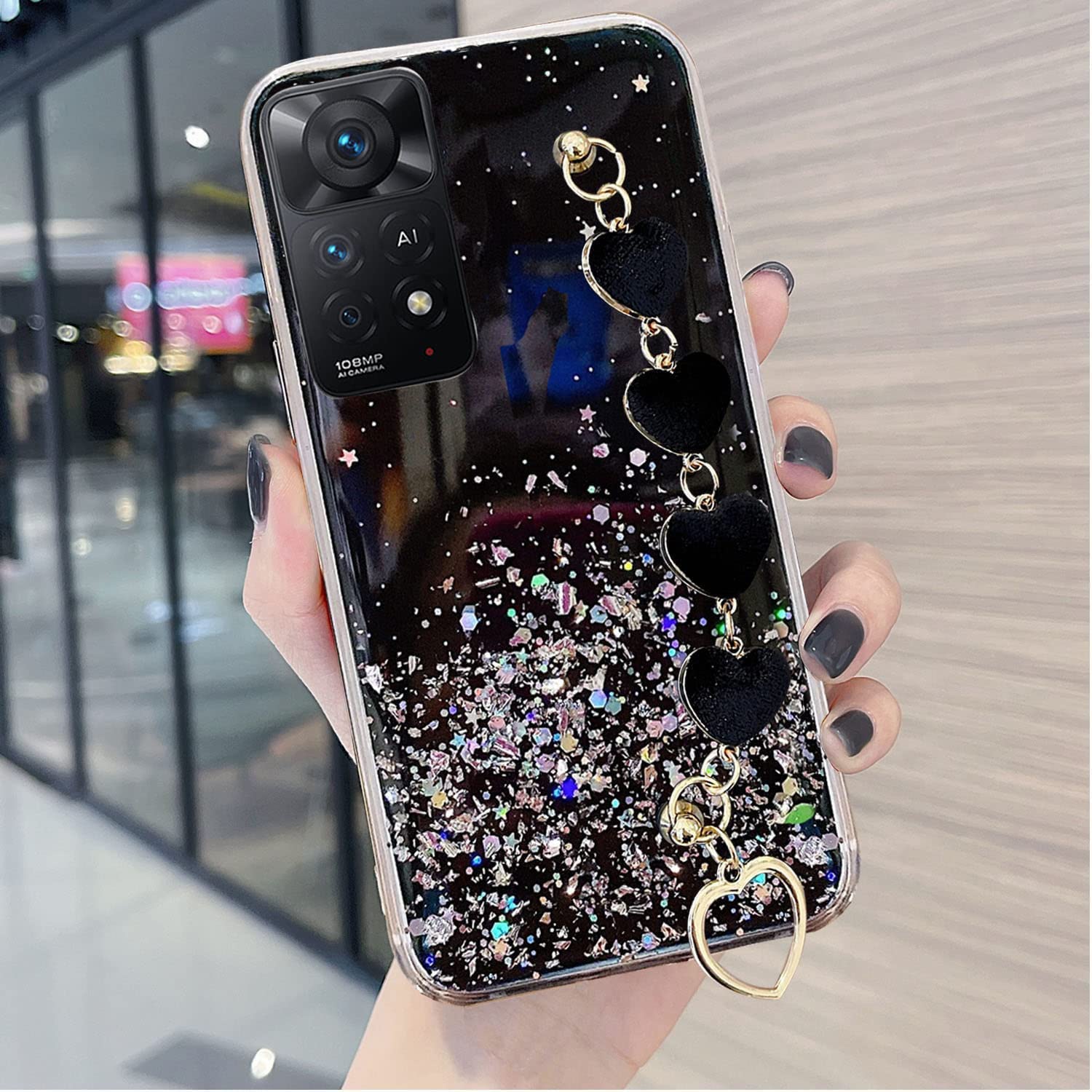 KC Back Cover for Mi Redmi Note 11 Pro 4G & Redmi Note 11 Pro Plus 5G, Dry Fixed Non Moving Glitters Luxury Shiny Hearts Bracelet Chain Holder Soft Silicone Case (Black) (B09YM5G7LZ) Amazon Price History, Amazon Price Tracker