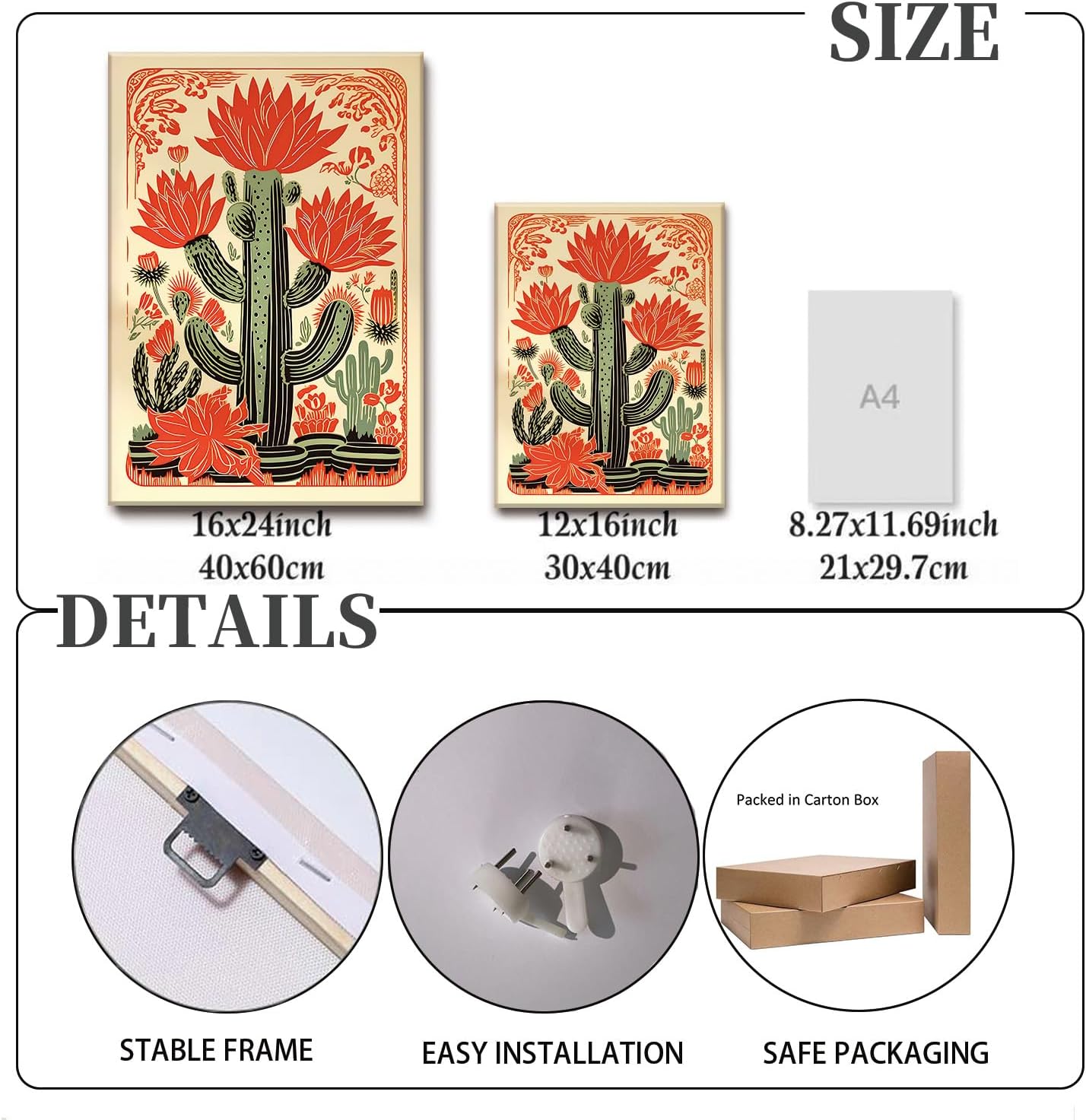 KISSFOX Framed Mexican Canvas Wall Art Cactus Desert Plant Poster Prints Vintage Green Pink Orange Botanical Floral Painting Colorful Southwestern Rustic Picture Decor Living Room Bathroom Bedroom