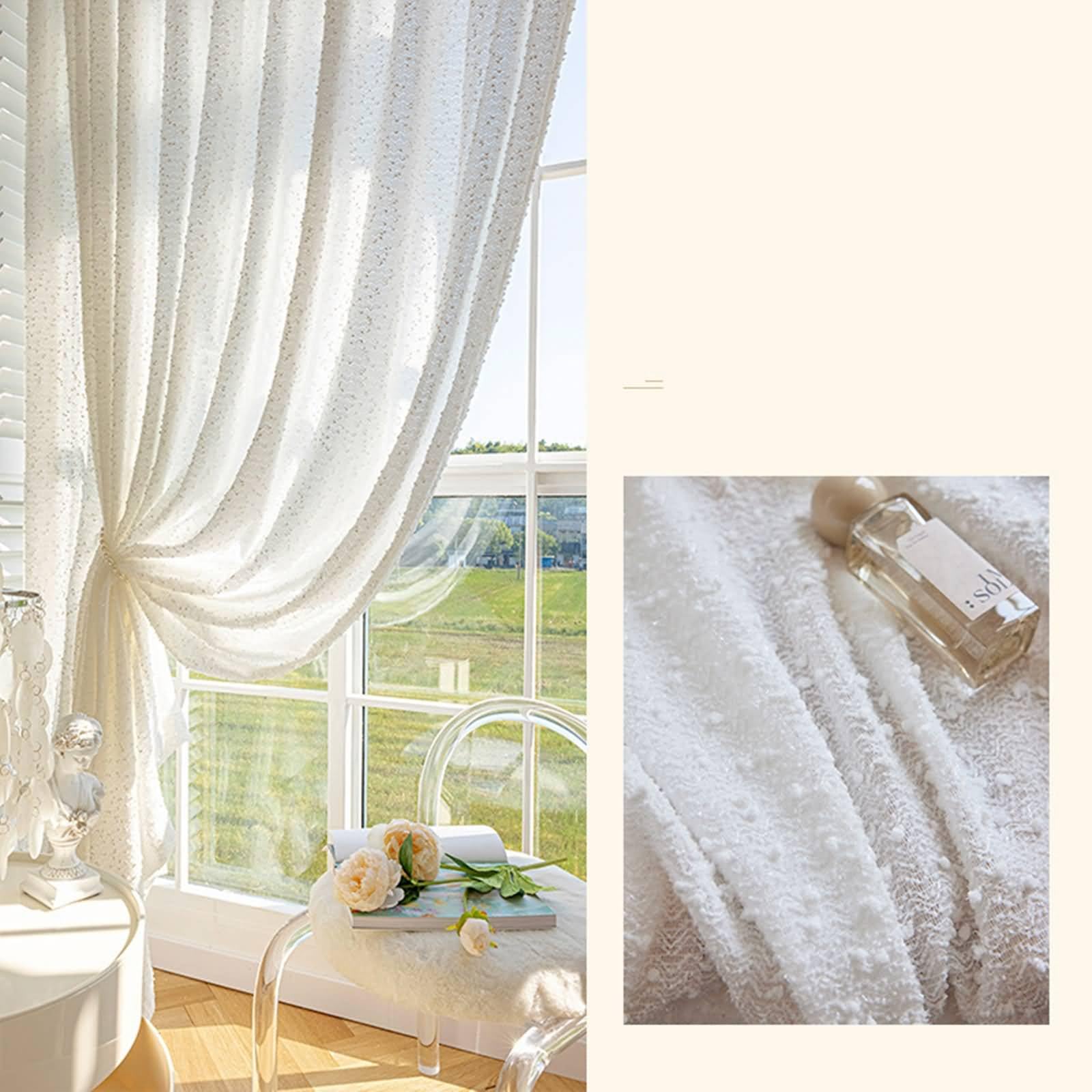 Rideau Transparent Occultant, 102x138cm Couleur Unie avec Pompon Rideau Transparent pour filtrage de la lumière du Salon en Fil, Blanc