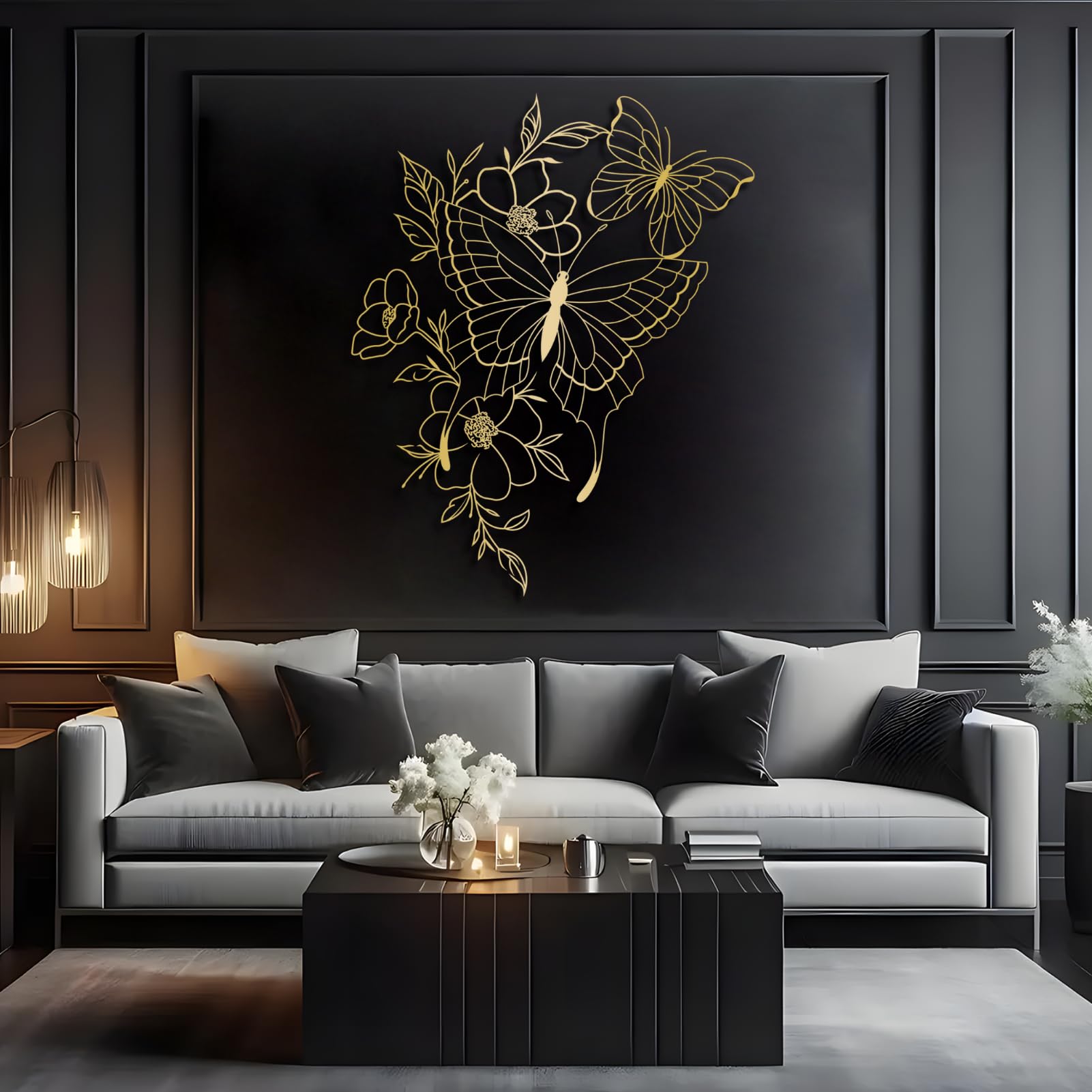 Décoration murale métal salon moderne papillon fleur suspendu doré