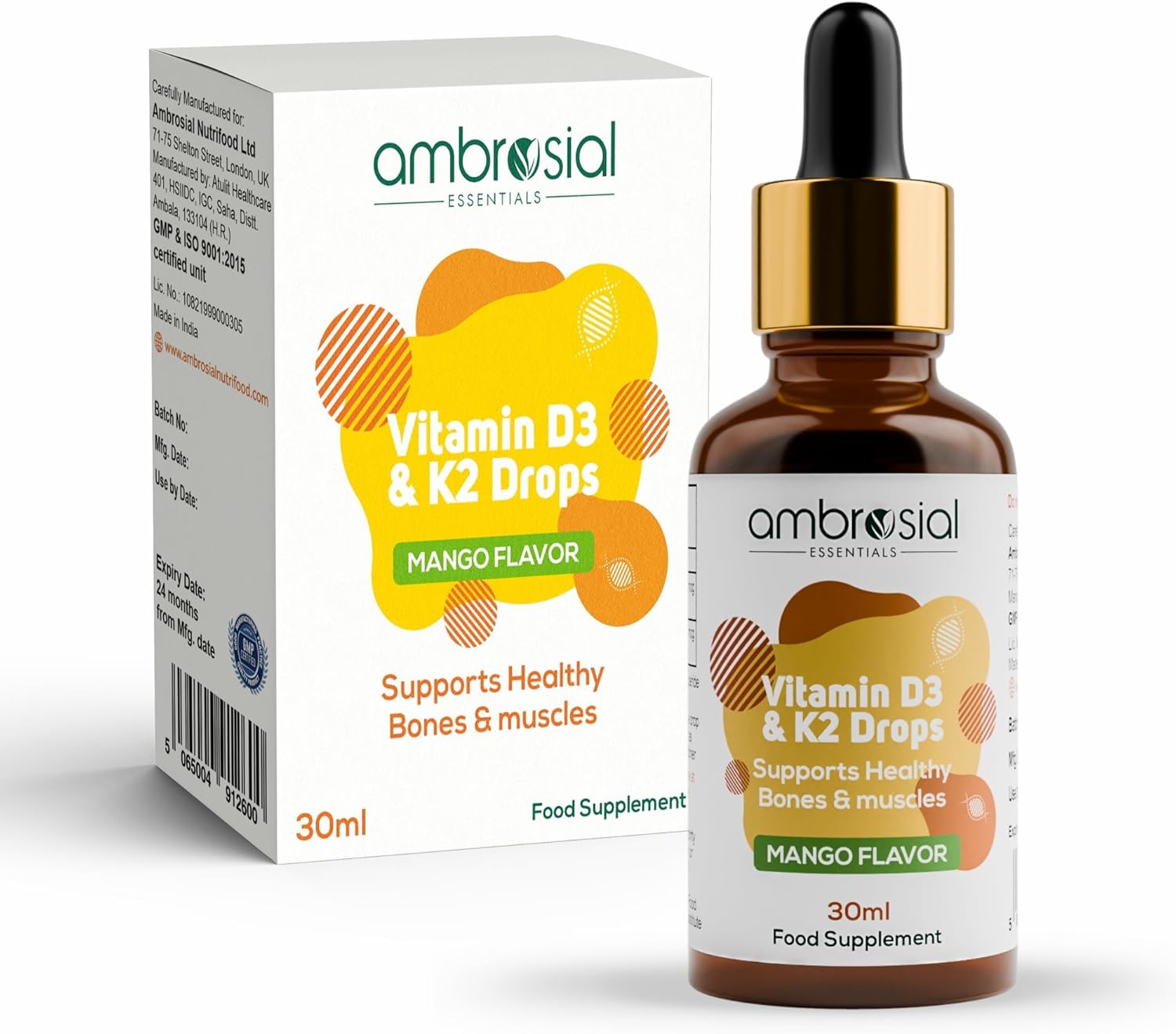 Ambrosial Vitamine D3 K2 druppels vloeibaar voedingssupplement voor volwassenen en kinderen, mangosmaak, hoge sterkte, vitamine D-vloeistof 500 IE en vitamine K2 50 mcg per druppels (Pack van 1-30 ml)