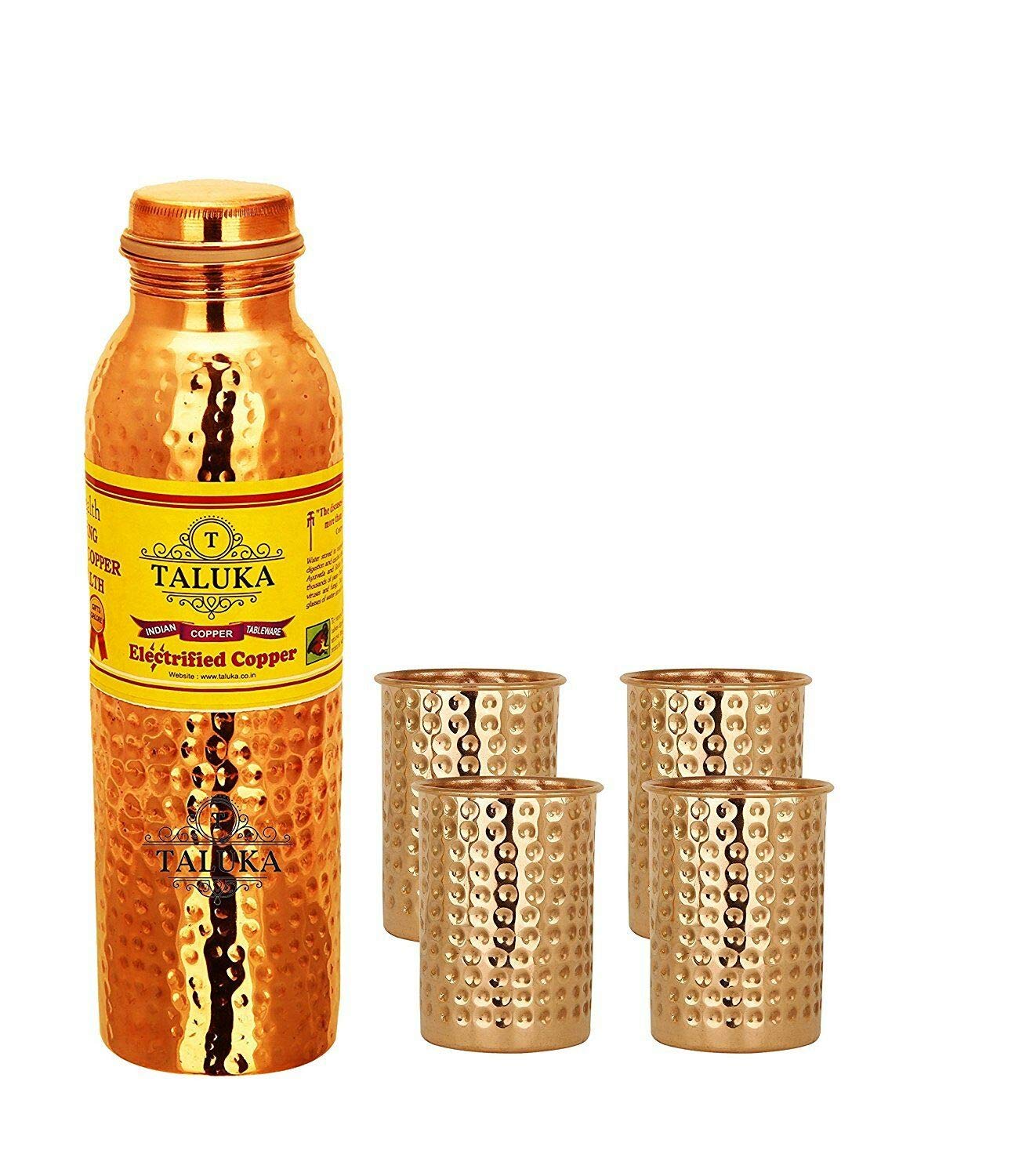 Taluka Handmade Hammer Joint Free Leak Proof Copper Water Bottle 1000 ML Set with 4 Flat Copper Hammer Glass, Tumbler 300 ML Each-image-20