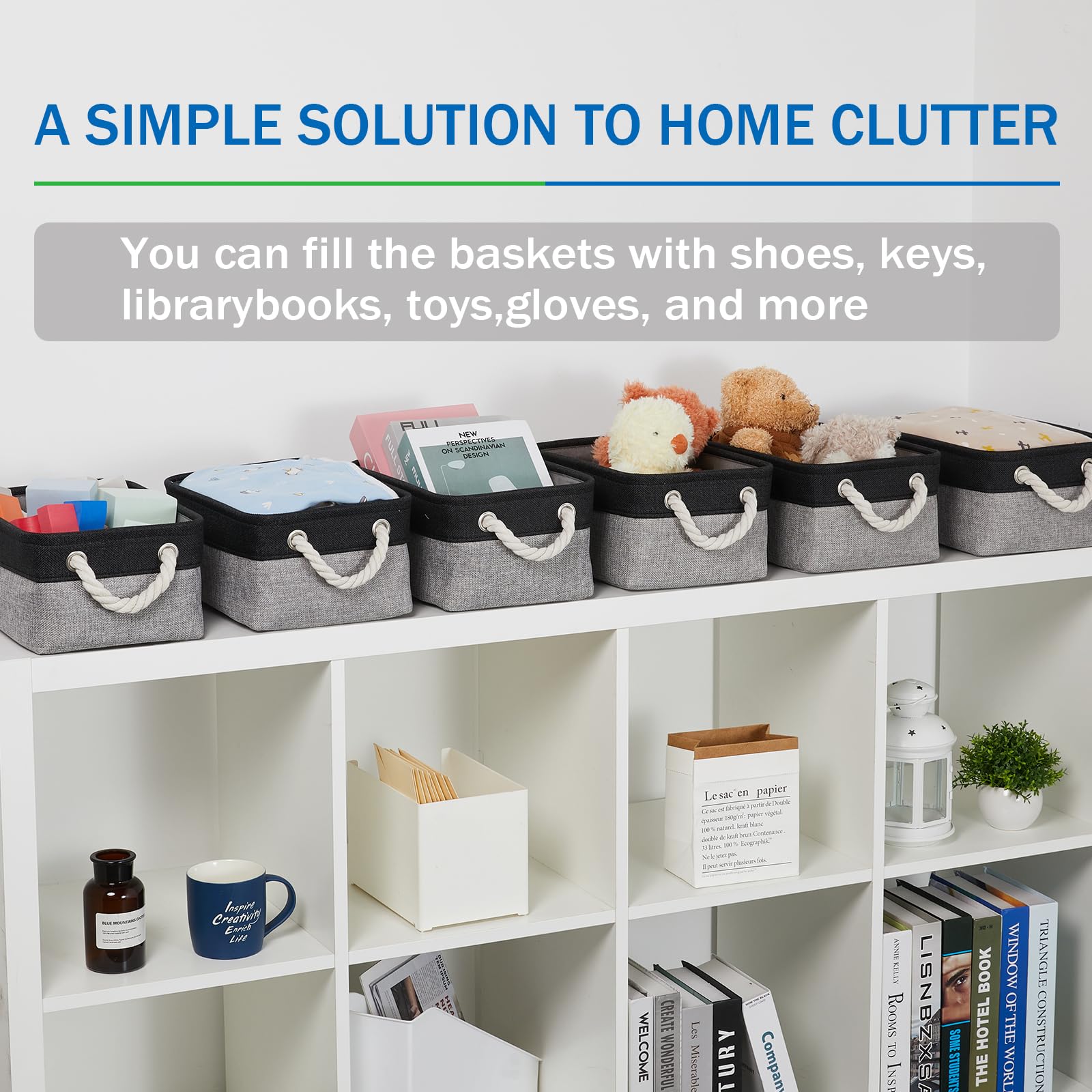 Bidtakay Aufbewahrungskörbe, 6 Stück, klein, Stoff, Leinen, faltbar, 30 x 20 x 12 cm, Organizer-Körbe mit Griffen, dekorative quadratische Körbe für Schrank, Regale, Schrank (schwarz und grau)