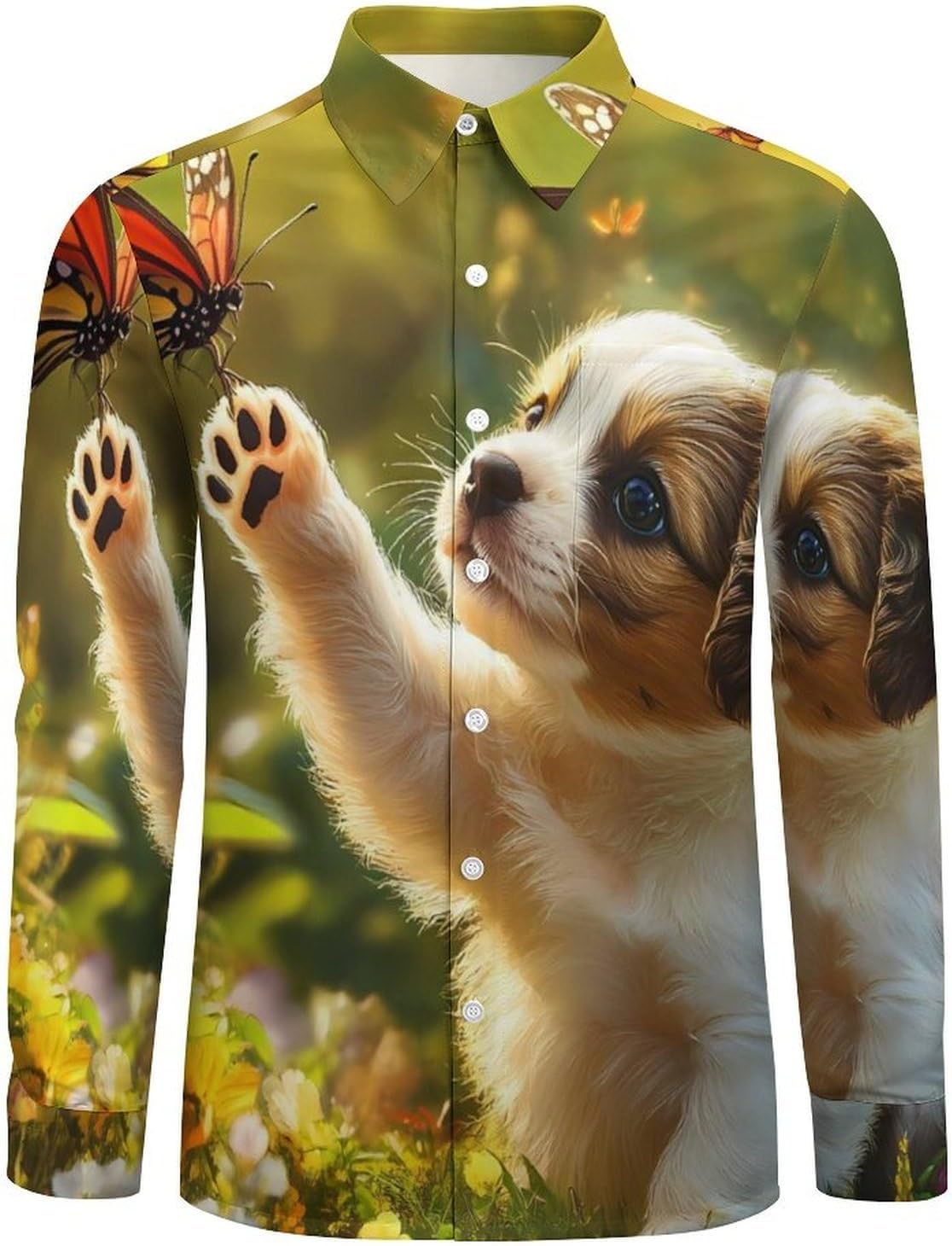 Puppy Butterfly Long Sleeve Shirts Casual Dress Shirt Button-down T-shirts for Men