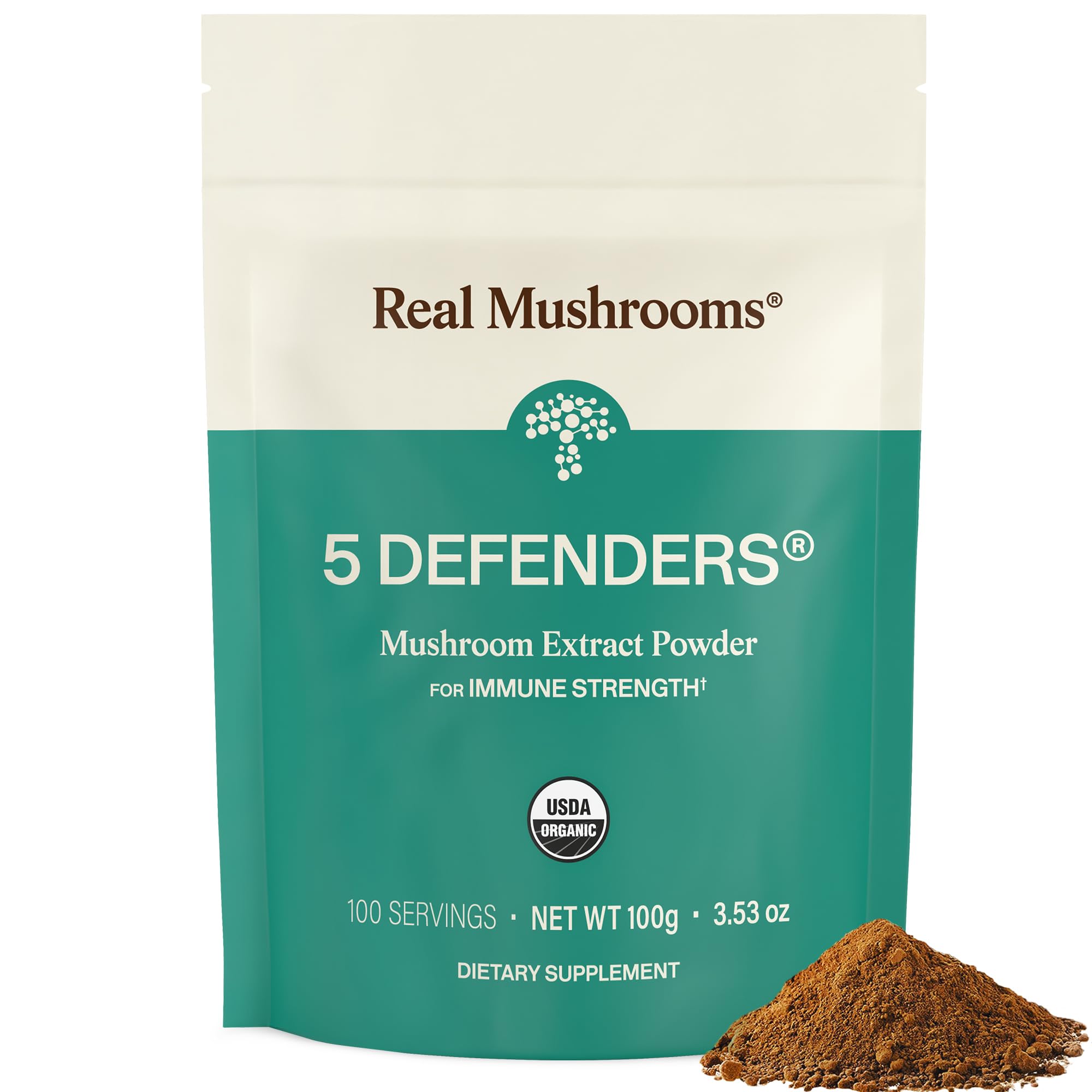 Real Mushrooms 5 Defenders Mushroom Complex Powder – Organic Mushrooms Extract from Chaga, Reishi, Turkey Tail, Maitake & Shiitake Mushroom Blend for Wellness Support with Beta Glucans - 100 Servings