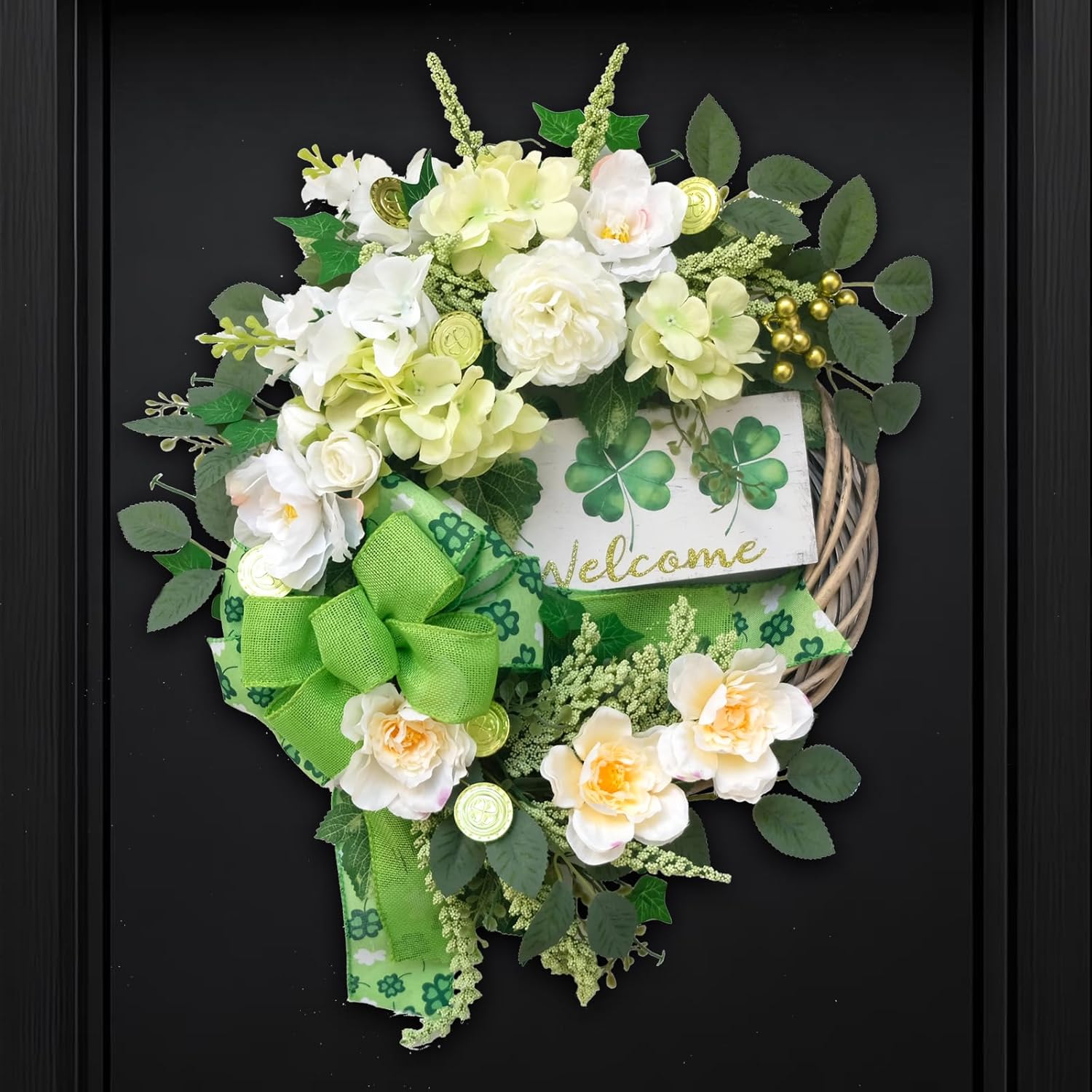 St. Patrick's Day Front Door Wreath with Welcome Sign, 18 inch Hanging Decorative Wreath with Green Leaves Roses Hydrangea, Spring/Summer Decorations for Indoor Outdoo Wall Farmhouse Decor