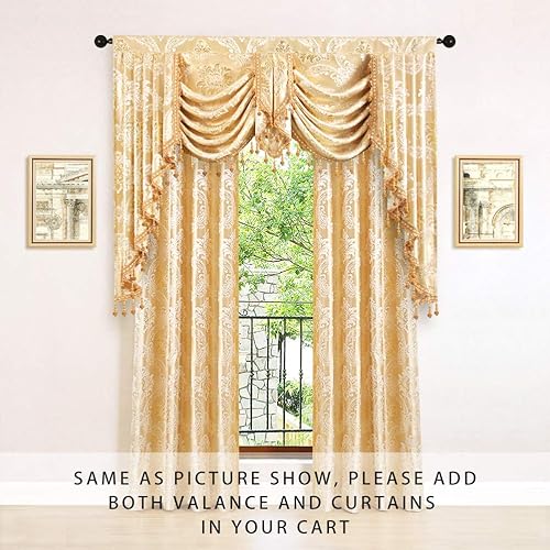 Miniatura 2 de ELKCA Cenefa de cortina de damasco dorado de lujo con diseño de cascada de jacquard dorado para sala de estar (damasco dorado, 49 pulgadas de ancho,