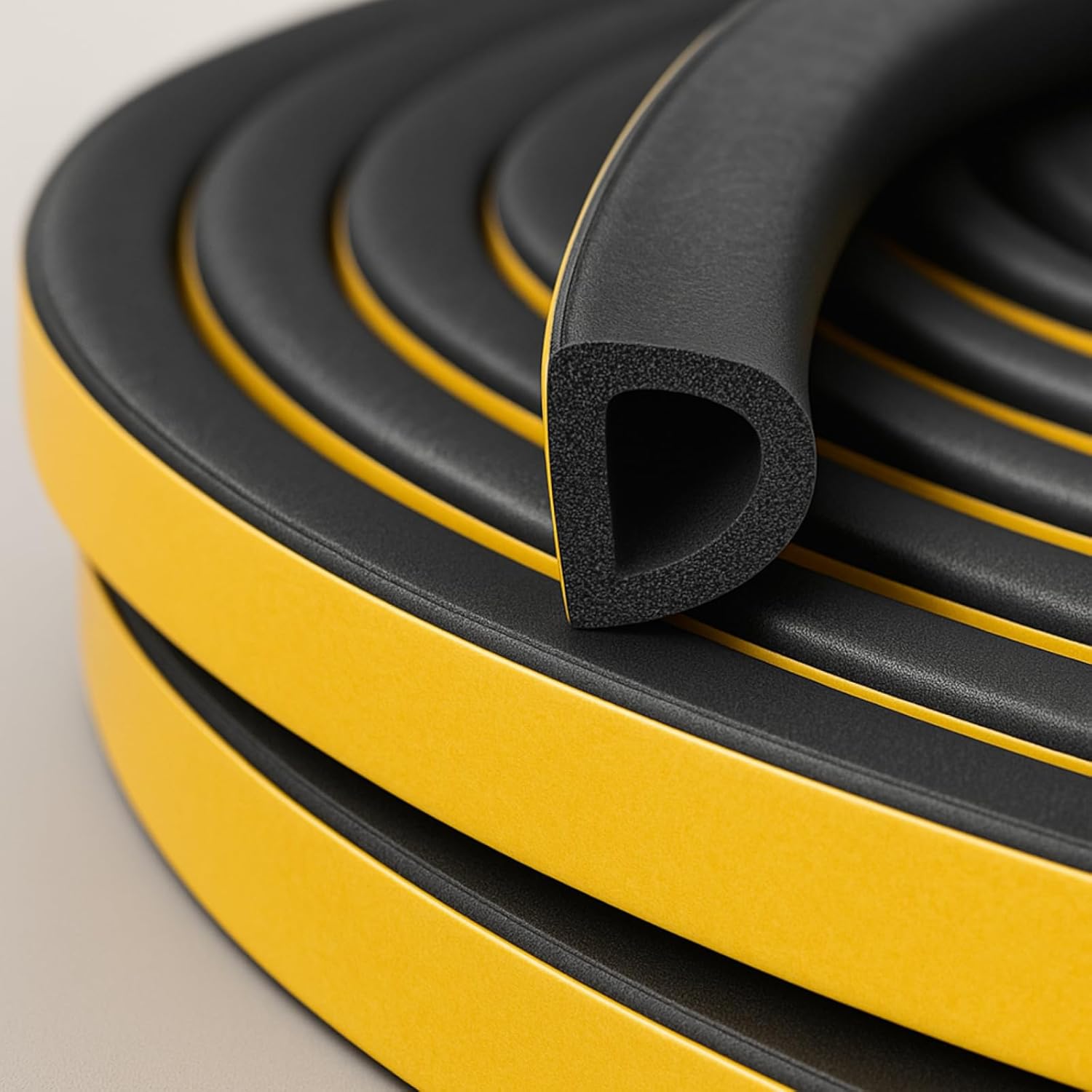 Frienda 50 Feet Rubber Weather Stripping Door Seal D Shape Strip Self Adhesive Backing Seals Large Gap from 5/16 Inch to 15/32 Inch to Frame Insulation and Windproof, Black, Easy to Cut