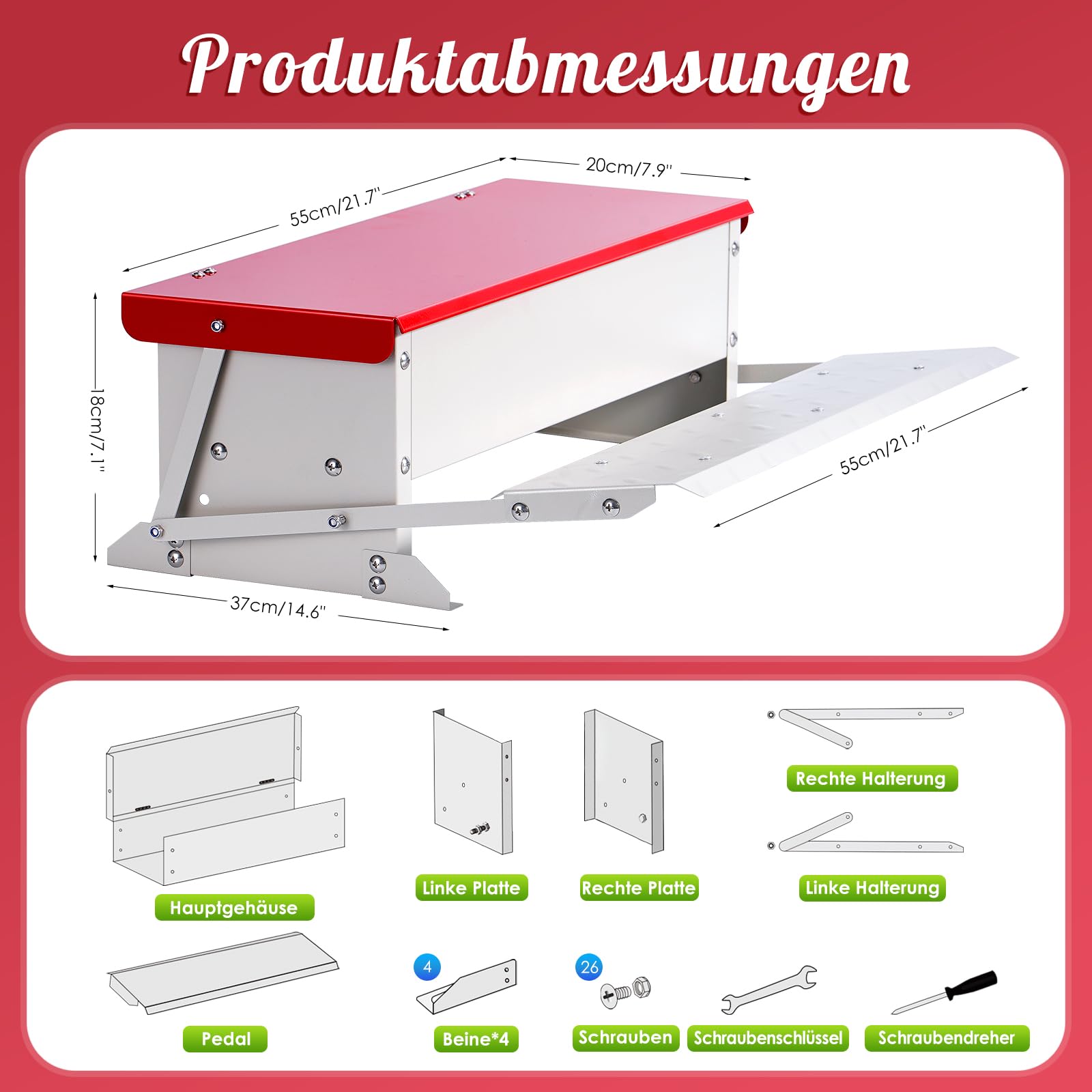 Futterautomat für Hühner (5 kg Volumen), Verzinkter Stahl, Trittmechanismus mit Trittplatte, Wasserdichter Deckel, Rattensicherer Futterspender für Geflügel wie Hühner, Enten, Gänse