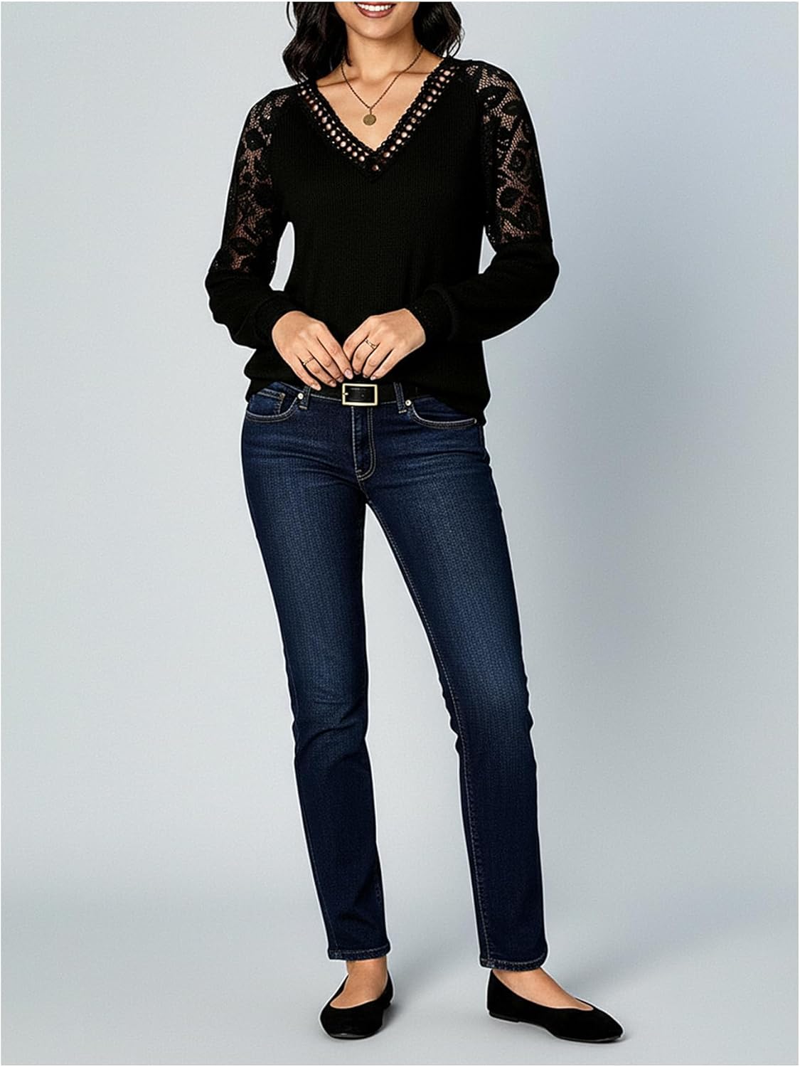 Women's Elegant Lace Long Sleeve Tops Fall V Neck Dressy Casual Work Office Blouses - Image 5
