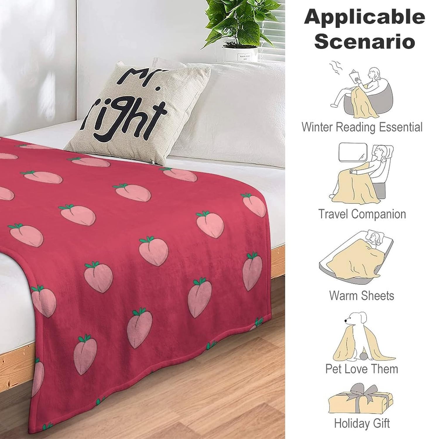 フルーツ柄 桃 フランネル毛布 軽量柔らかいあたたかい毛布ベッドソファ用