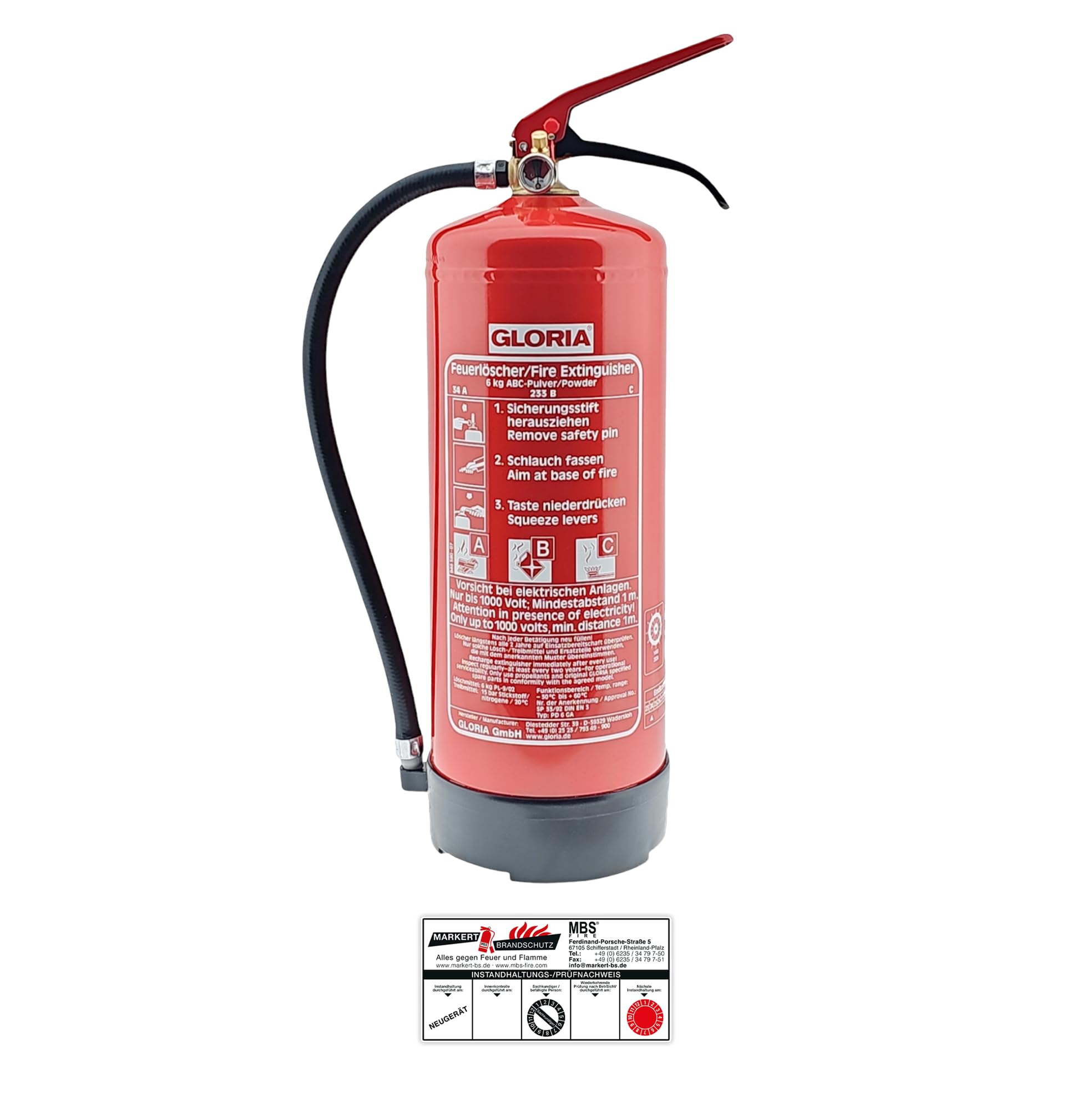Gloria PD 6 GA Pulverlöscher - 6kg Dauerdrucklöscher - Brandklassen A, B, C - inkl. Wandhalterung