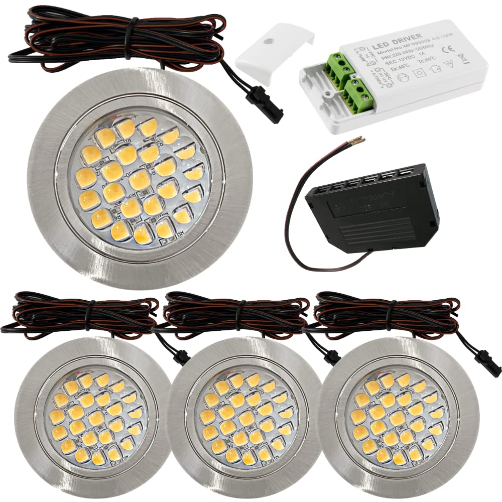 Generisch LED Schrankbeleuchtung 4er Set 12V – flache Einbaustrahler nur 12 mm – inkl. Trafo & Verteiler Plug & Play – Ø 58–61 mm – Möbeleinbauleuchten für Küche, Vitrine, Schrank & Regal