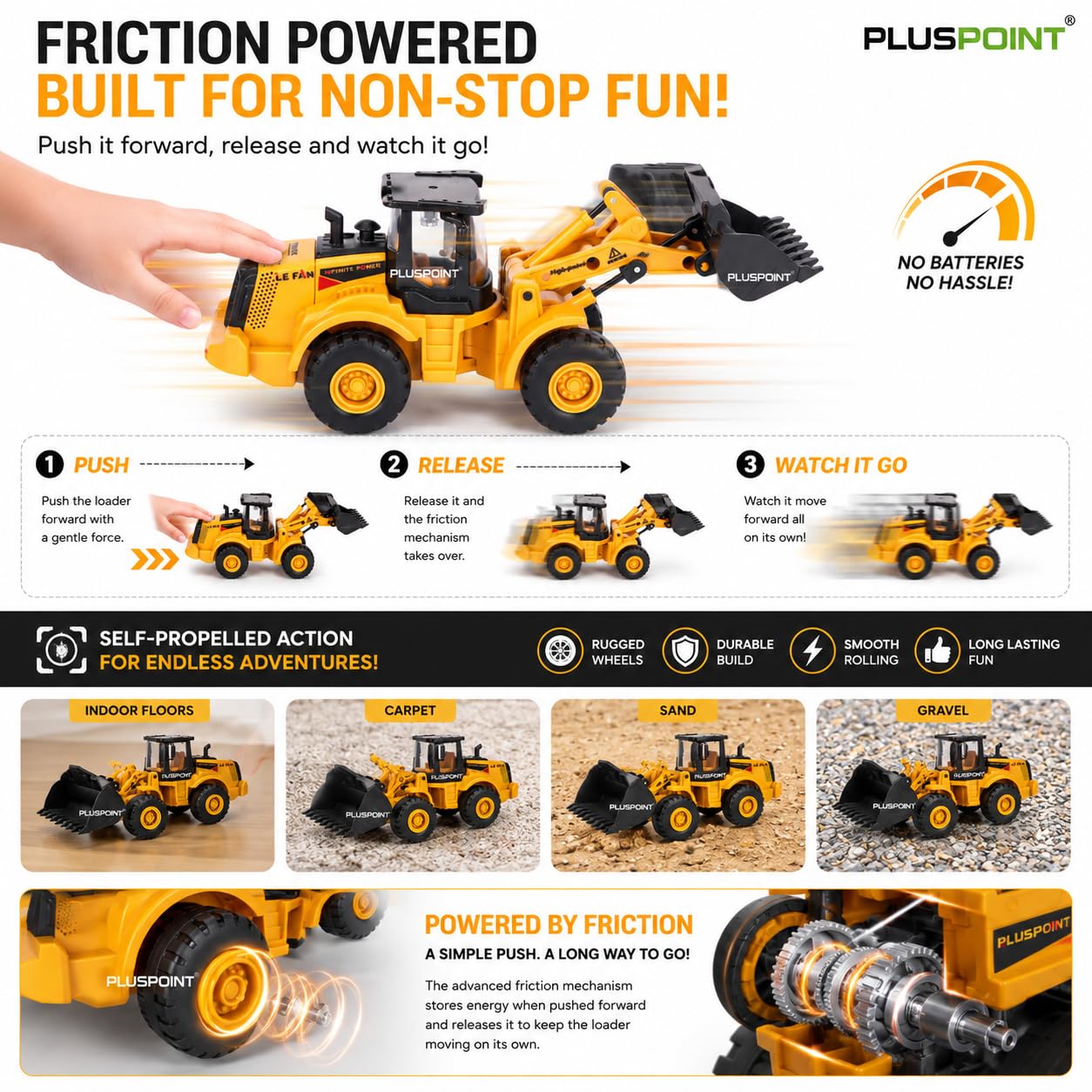 PLUSPOINT Bulldozer Toy Truck Construction Realistic Excavator Truck for Kids Friction Powered Truck Engineering Vehicle Toy for Birthday Gift for 3 Year Old Kids Sand Toys 3