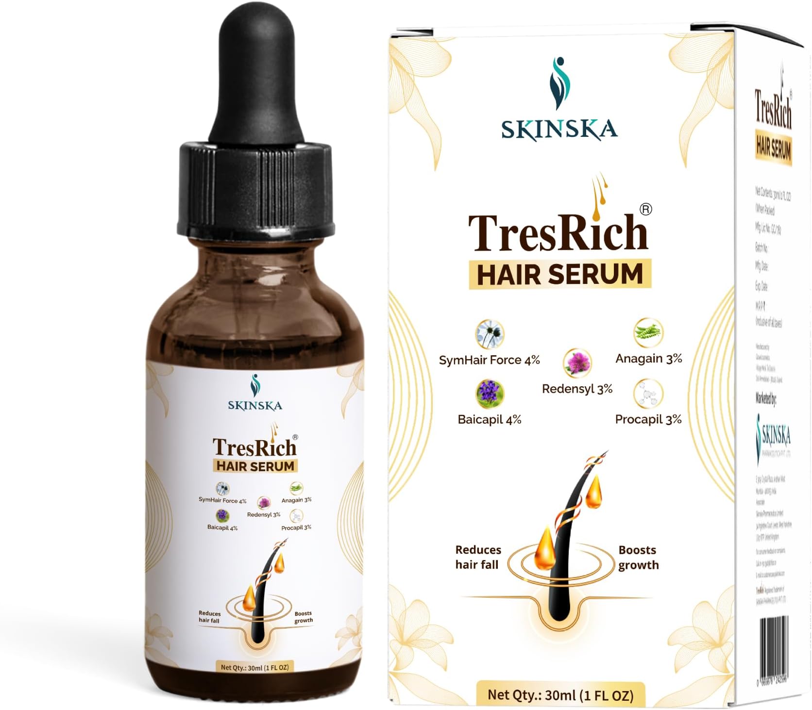 SKINSKA NATURALS - TresRich Hair Serum, Reduce Hairfall and Thinning, Boost Growth, Paraben and Fragrance-Free, All Types, Frizz Free, Dry and Dull Hair 30ml, 1FL OZ