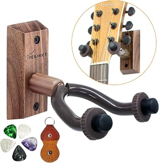 Guitar Wall Mount - Black Walnut Guitar Hanger Wall Mount, Guitar Wall Hook Sets with 5 Picks and Holder, Wood Guitar Wall Hanger for Acoustic/Electric Guitar, Banjo, Bass, Mandolin,Ukulele(1 Pack)