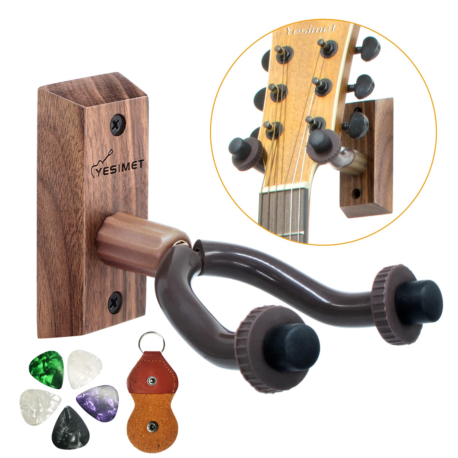 Guitar Wall Mount - Black Walnut Guitar Hanger Wall Mount, Guitar Wall Hook Sets with 5 Picks and Holder, Wood Guitar Wall Hanger for Acoustic/