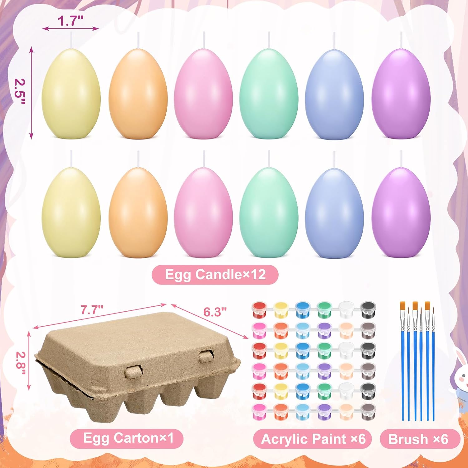 Conelist 25 Pcs Easter Egg Candle Painting Kit Easter Painting Crafts for Adult Macaron Egg Shaped Candles with Carton Acrylic Paint Strips Paintbrushes for Spring DIY Gift Basket Stuffers image 3