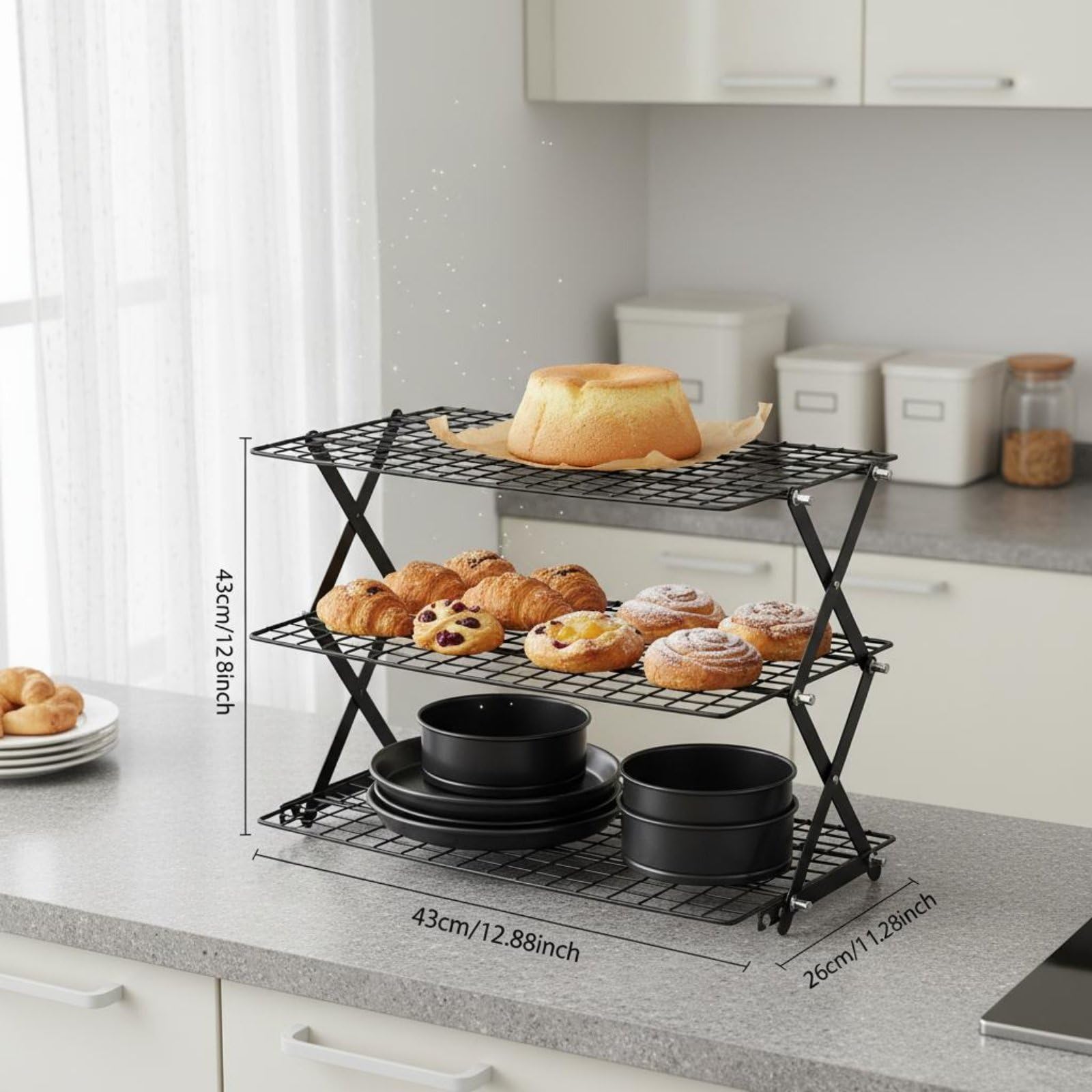 Griglia Raffredda Biscotti Doppio Livello Pieghevole Verticale Multifunzione Supporto Regolabile Magnetico Adatta a Pasticceria Barbecue Cucina, Moderno, Regolabile, Salvaspazio-C
