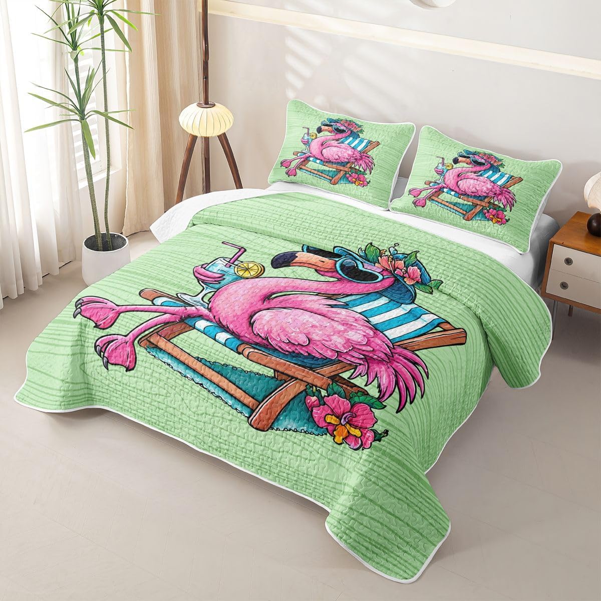 Castle Fairy Funny Flamingo Full Size Quilt Coverlet,Summer Beach Quilted Bedspread,Tropical Summer Theme Bed Covers for All Season,Light Green Home Decor 3Pcs Coverlet Set