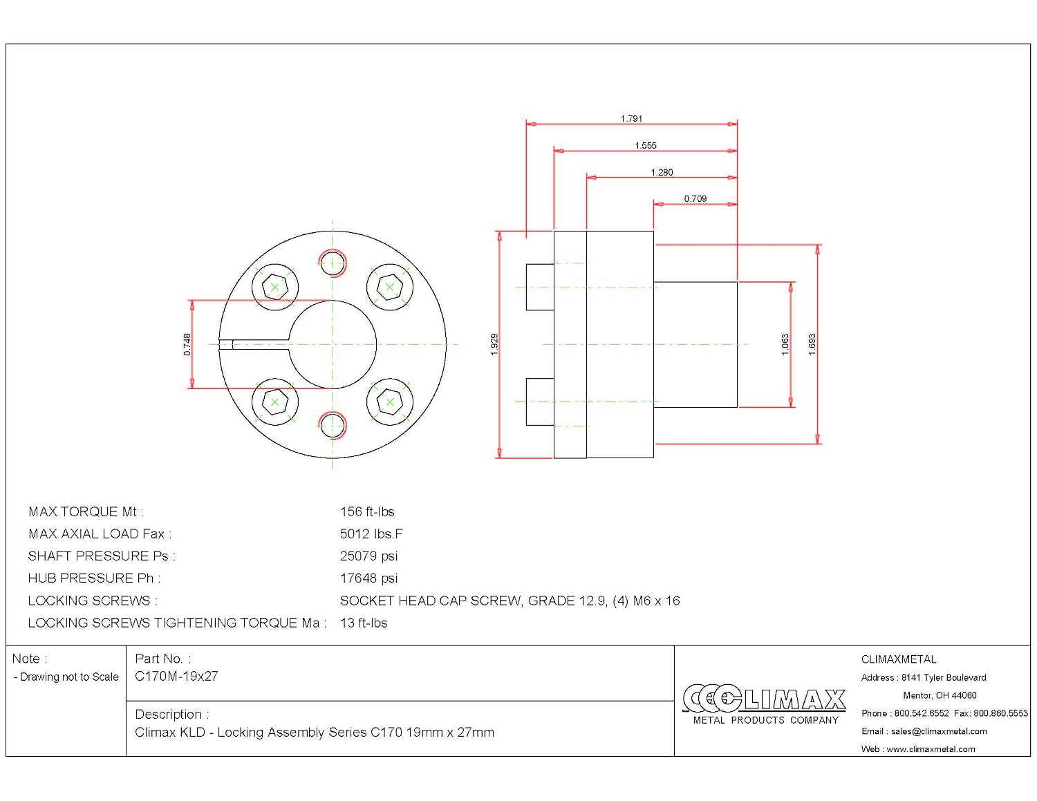 C170M-19X27 Series 170 Locking Assembly, Steel, 0.75" ID, 1.73" Width, 19 mm Shaft Diameter