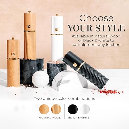 Miniatura 6 de Styled Settings Juego de molinillo de sal y pimienta de madera con detalles dorados, juego de molinillo de sal y pimienta manual de madera