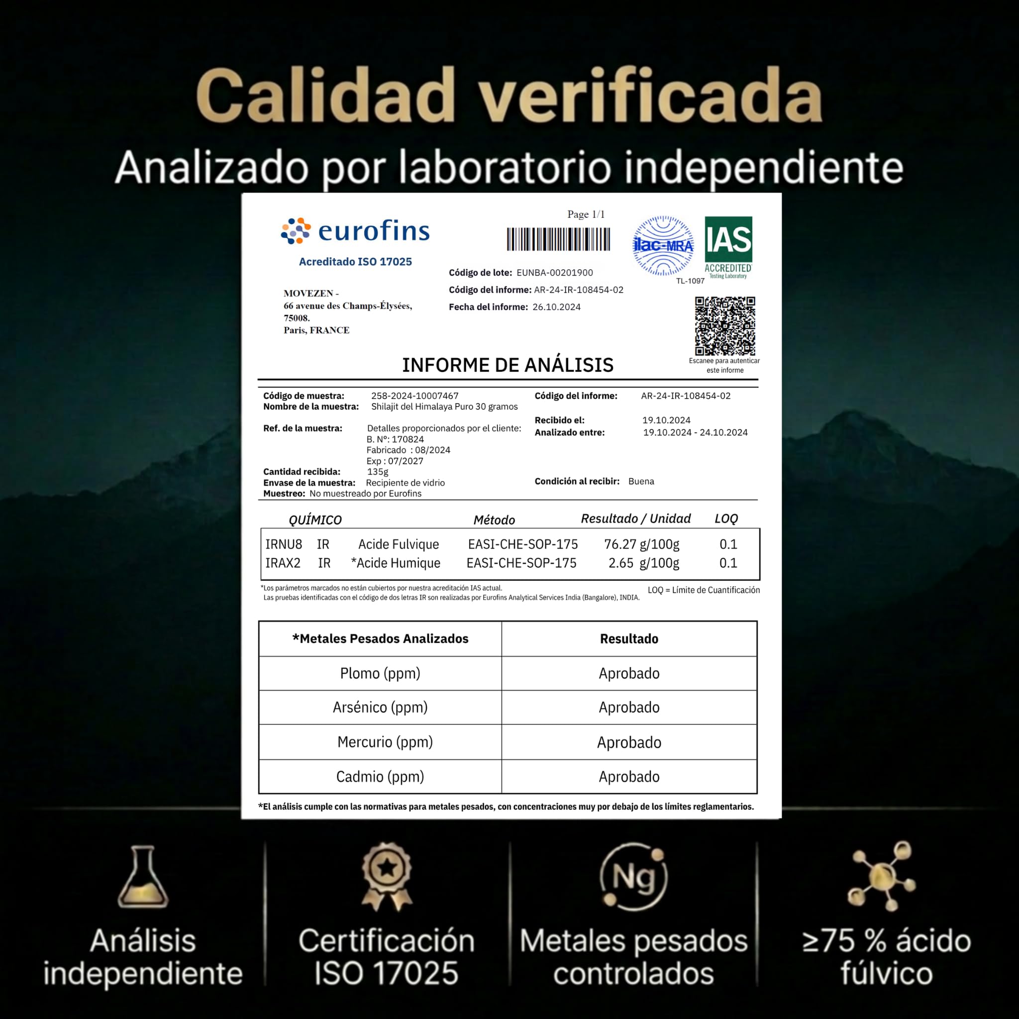Shilajit+ Cápsulas Movezen, Himalaya, 120 Cápsulas Veganas, Sin Sabor, 1000 mg por Dosis, ≥75% Ácido Fúlvico, 85 Minerales, Hasta 120 Días, Analizado por Eurofins, Calidad Europea (Mumijo)
