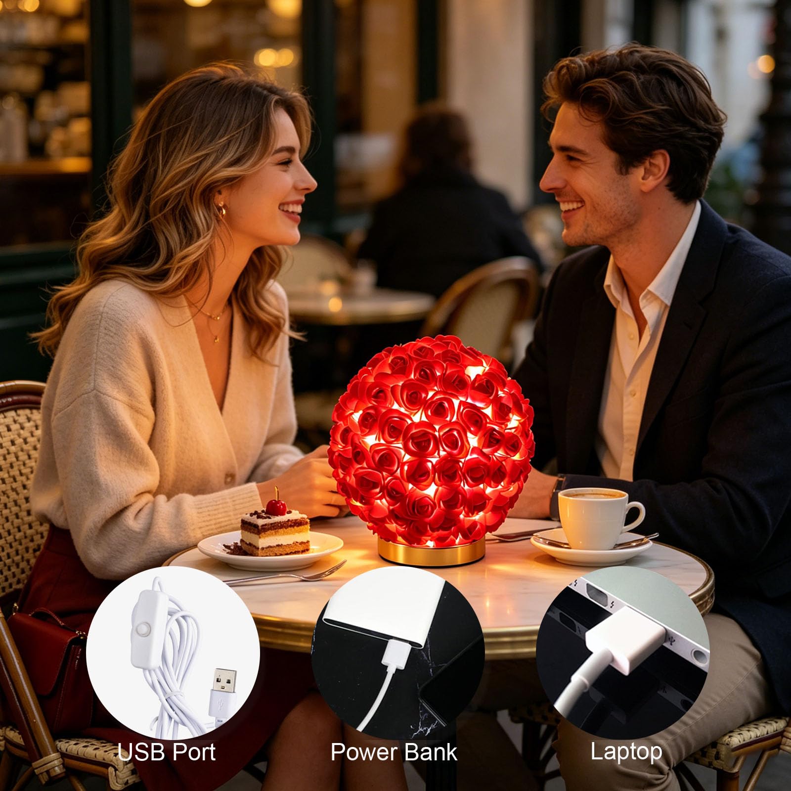 Lámpara de bola de flores de rosa de tela roja romántica USB decorativa luz nocturna para Navidad, decoración de boda, propuesta, decoración de postres, tienda de belleza, centro de belleza