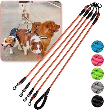 Dog Double Leashes,Comfortable Dog Leash with Reflective,No Tangle Triple Leash for Dogs Orange Four Leashes