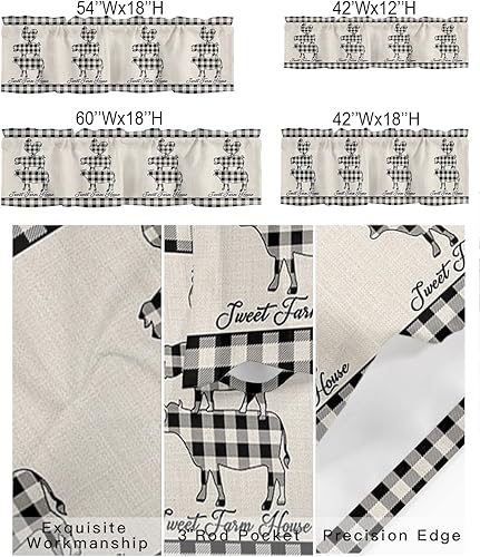 Miniatura 2 de Cortina de cenefas de animales a cuadros para cocina, cafetería, búfalo, vaca, cerdo, pollo, cortinas cortas de 42 x 18 pulgadas con bolsillo para