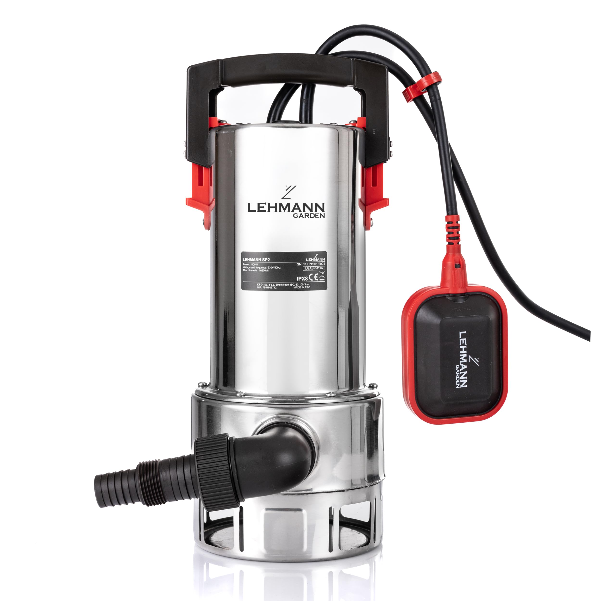 LEHMANN Pompe Immergée avec Flotteur Intégré pour Eaux Chargées et Pure, 1100 W, avec Moteur à Induction sans Balai, Débit 16500 l/h, Hauteur de Refoulement 10,5 m, Particules Ø35mm