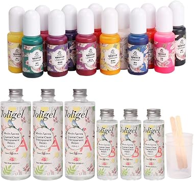 Joligel Two Part Resin Glue A+B AB Epoxy Resin Transparent Crystal Clear + 13 Color Pigments, 2 Mixing Cups + 2 Stir Bars + 50 Orange Sticks for Free, Resin Kit for Art Craft Kids Jewelry Making