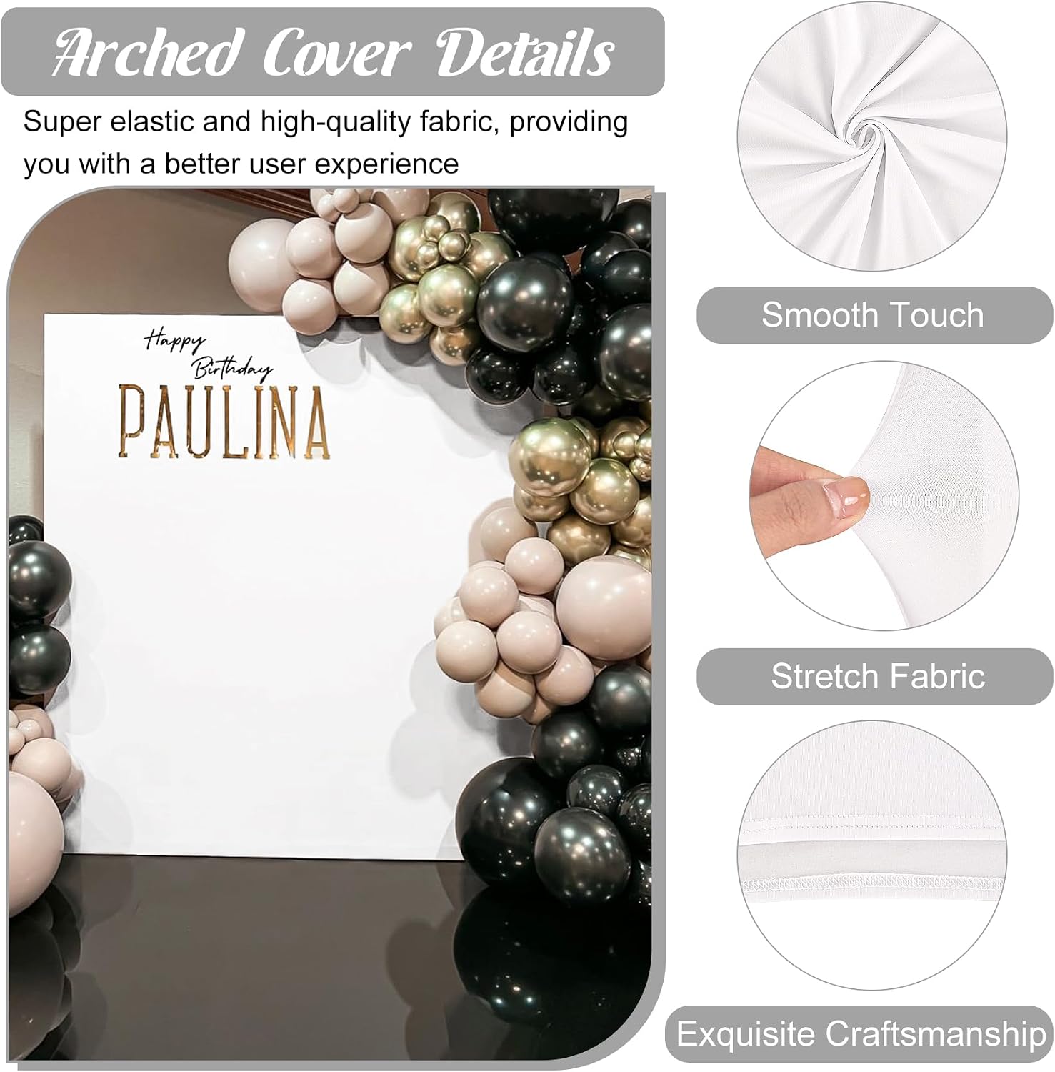 8FT Metal Arch Backdrop Stand and Cover Set, 1 Gold Wedding Square Balloon Stand with 1 Spandex Arch Backdrop Frame Cover for Parties Birthday Baby Shower Bridal Banquet Decoration (White)