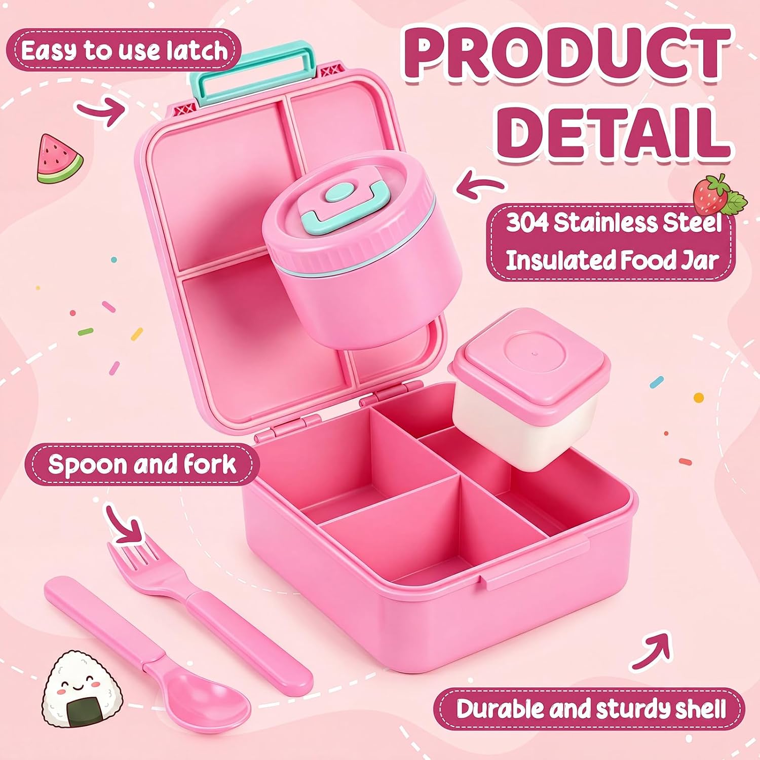 Dunzoom Food-grade Bento Lunch Box for Kids with Backpack and Insulated Bag, Leak-proof 4-compartment Container, 6oz Soup Container, Fork Spoon Utensils Set, Back to School Gift for Toddler Girls Boys