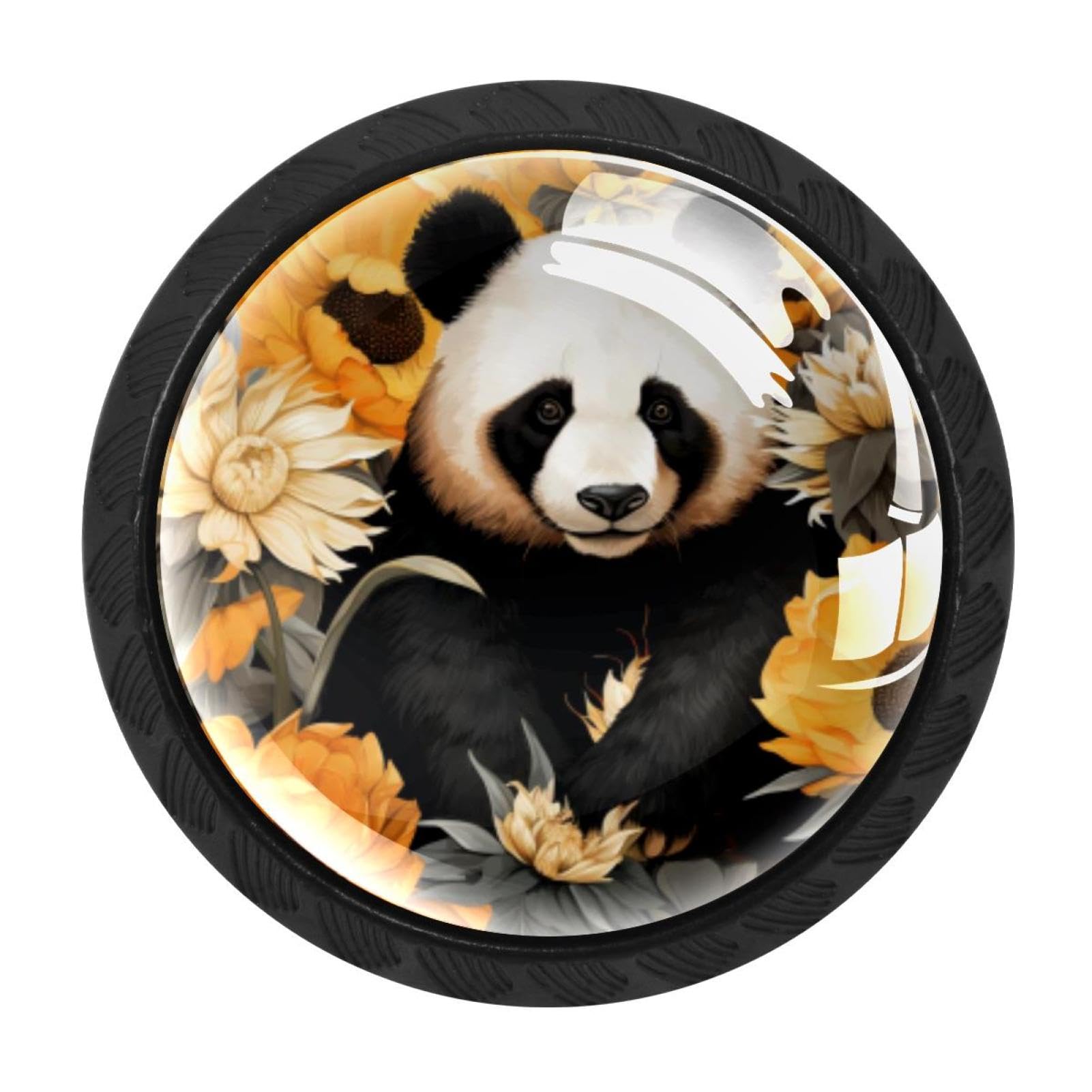 CHENZZZZ 4 Pack Drawer Knobs, Black Handle Dresser Drawer Pulls, Round Decoration Cabinet Hardware Pulls with Screws for Kitchen Cupboard Wardrobe, Panda Sunflower