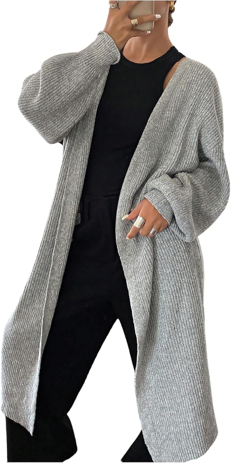 SweatyRocks Women's Open Front Long Duster Cardigan Sweater Cozy Lightweight Soft Knit Outerwear Grey Large